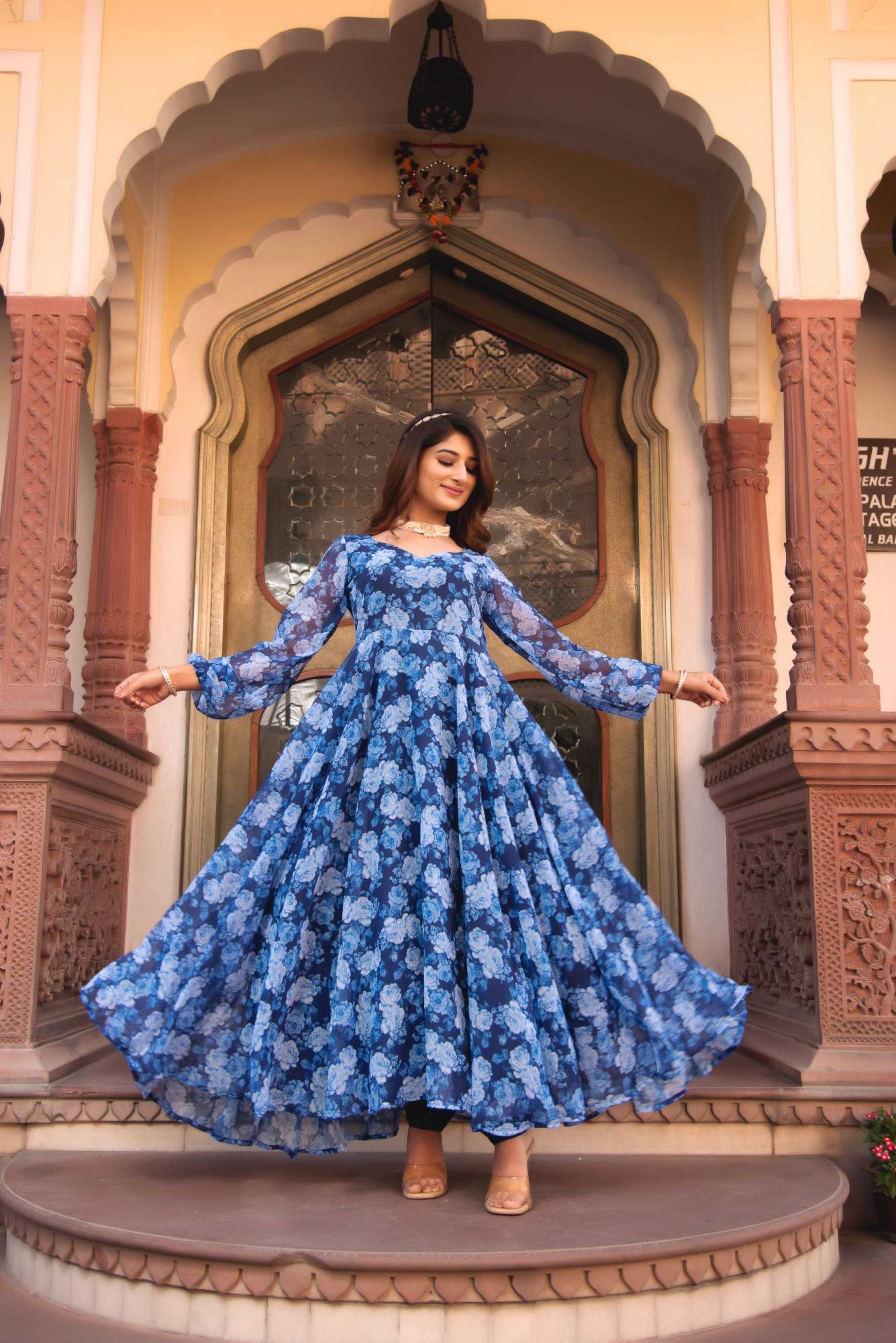Ocean Blue And White Printed Gotapatti Anarkali Suit Set