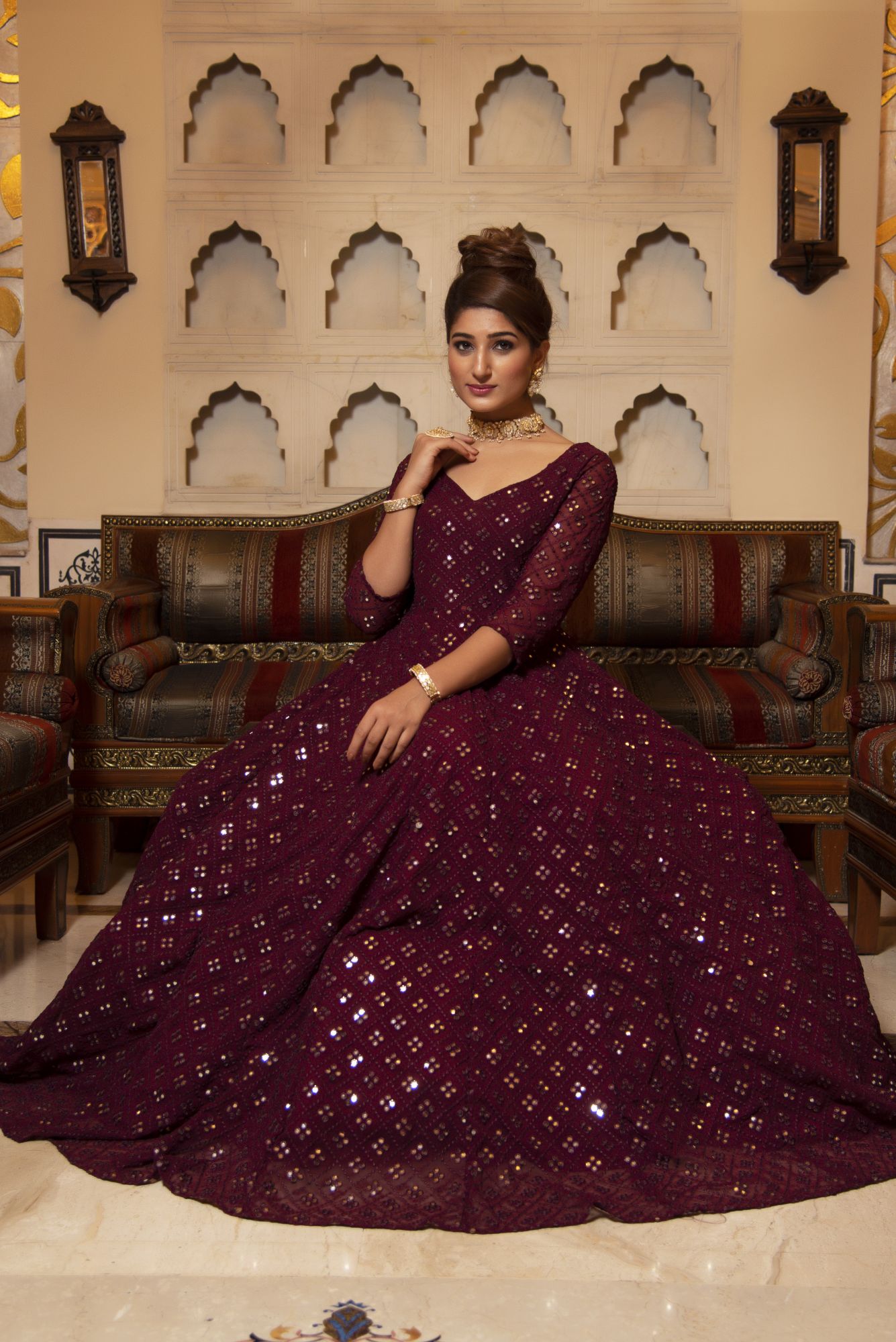 Wine Embroided Georgette Full Length Anarkali Gown Set