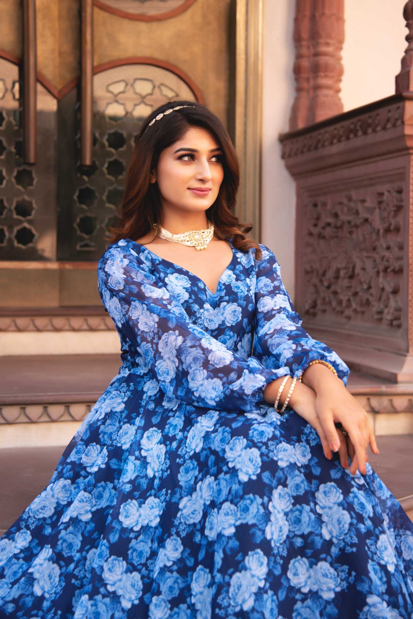 Ocean Blue And White Printed Gotapatti Anarkali Suit Set