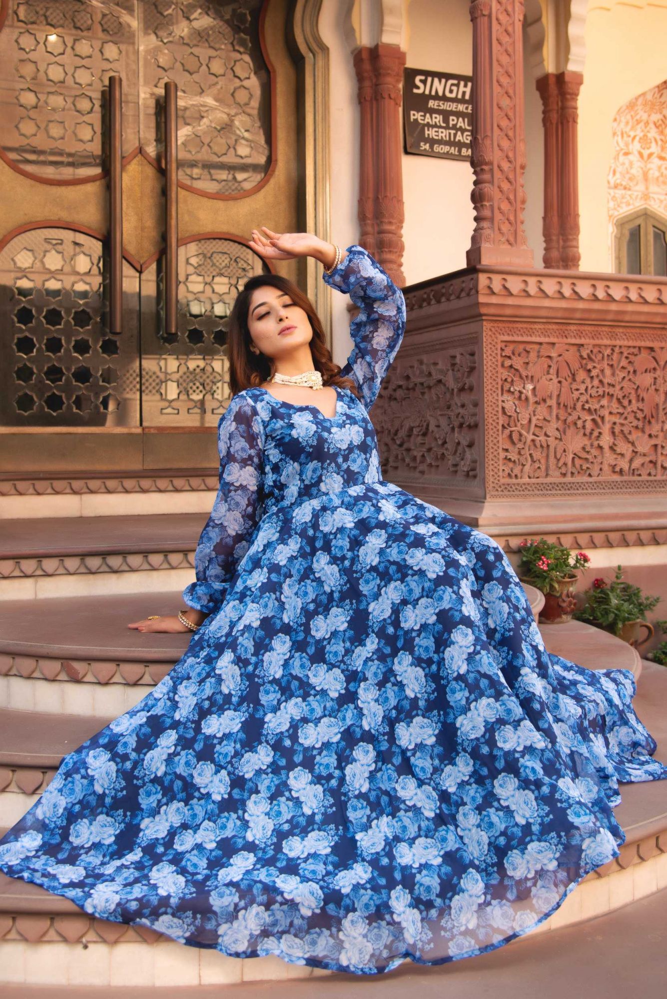 Ocean Blue And White Printed Gotapatti Anarkali Suit Set