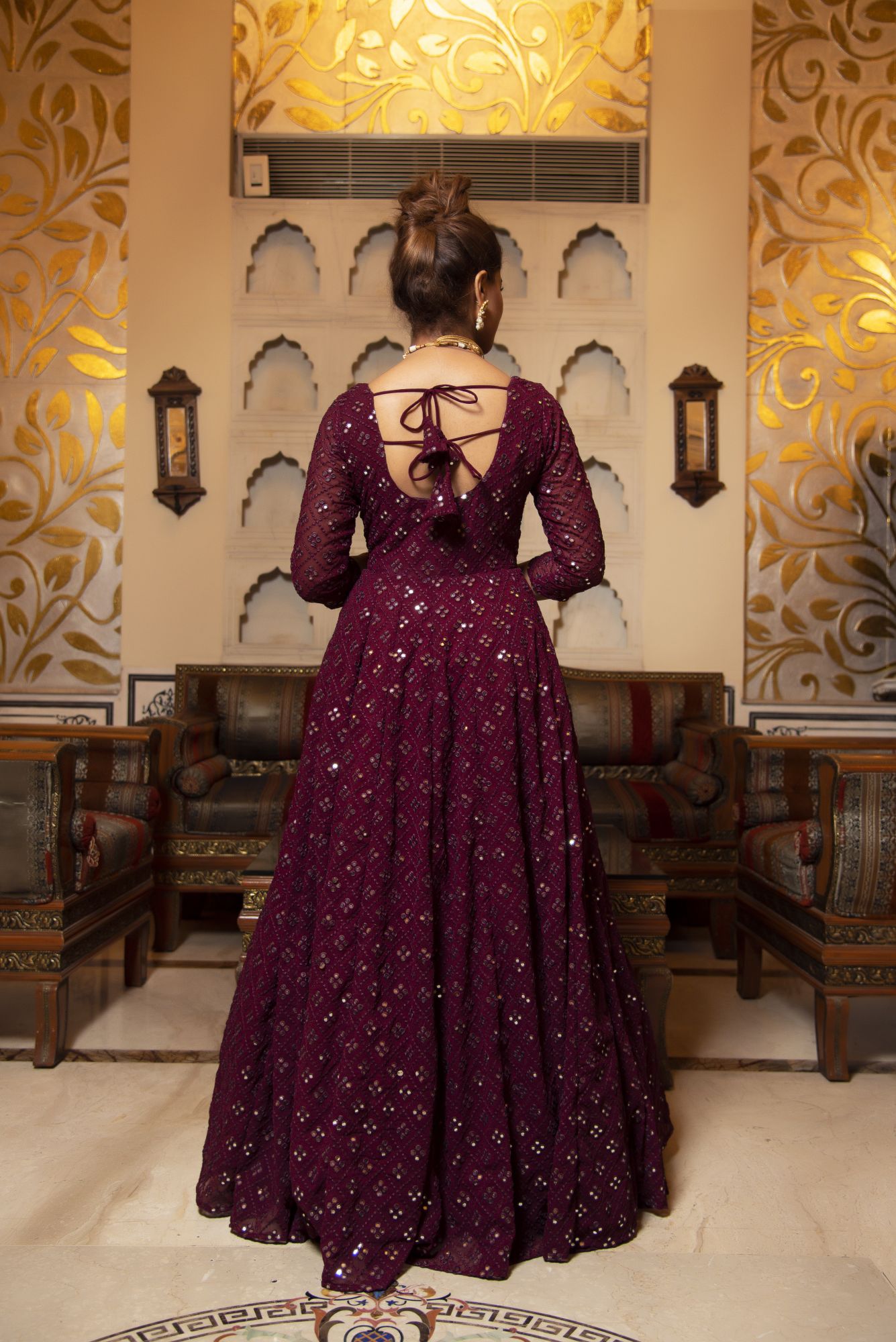 Wine Embroided Georgette Full Length Anarkali Gown Set