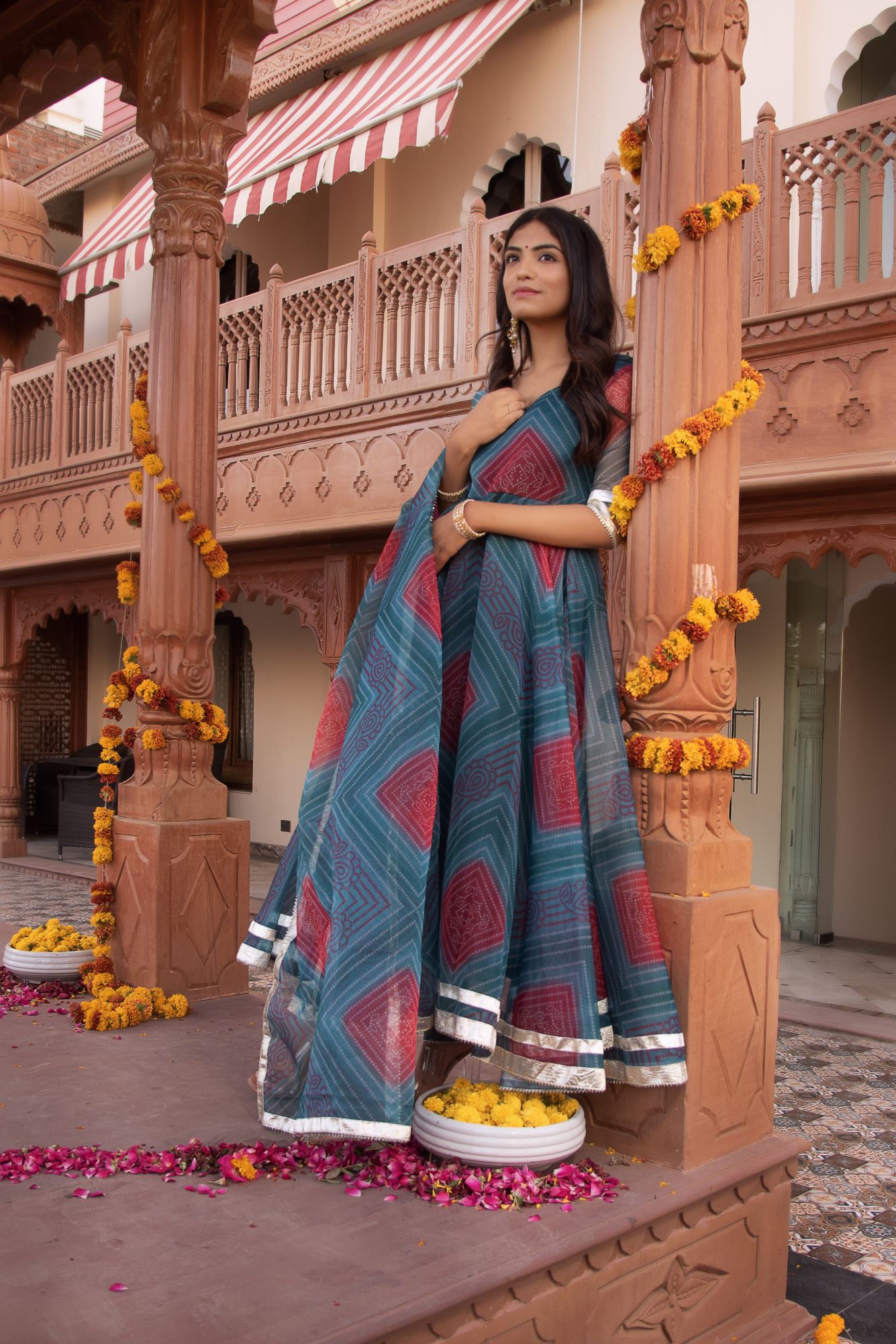 Turquoish Bhandhej Organza Gotapatti Anarkali Suit Set