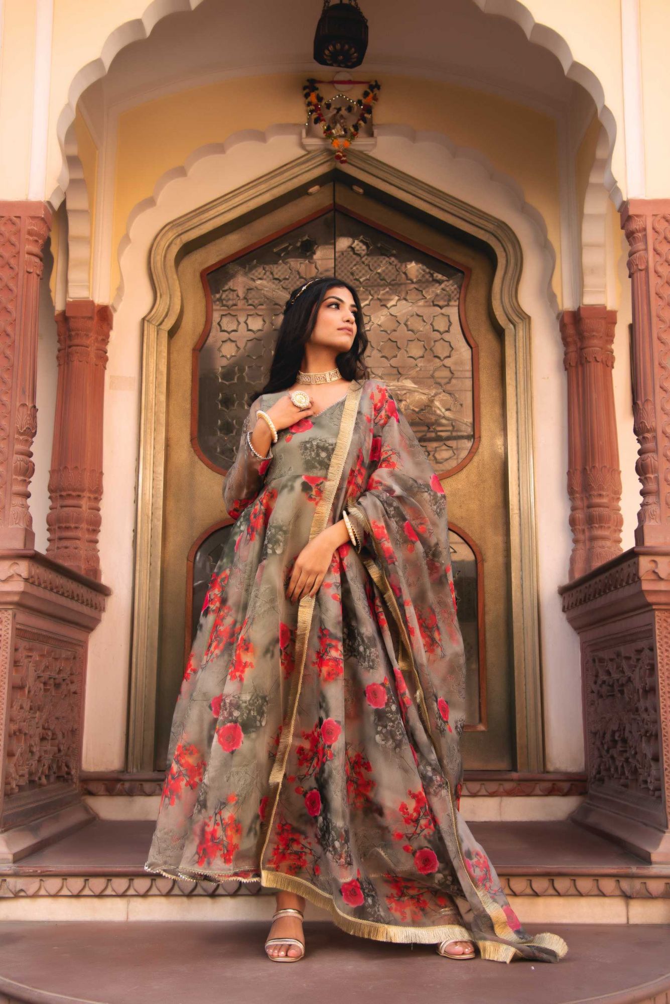 Fall Green Printed Gotapatti Organza Anarkali Suit Set