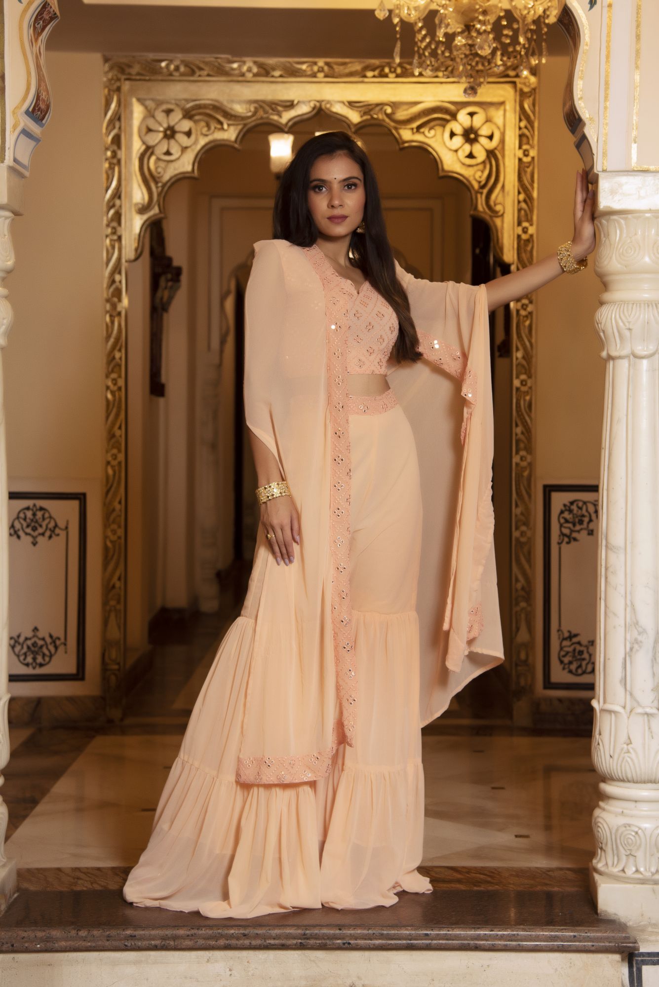 Peach Embroided Georgette Co-ord Set