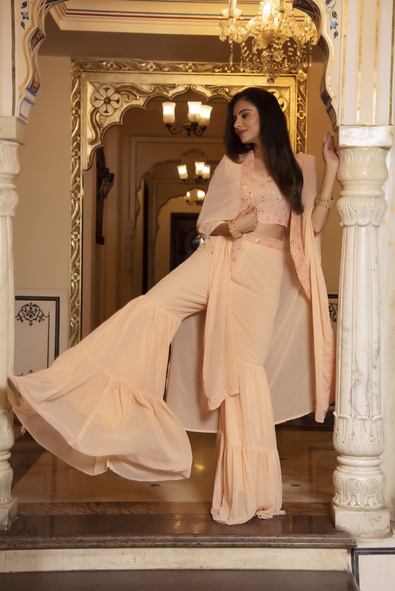 Peach Embroided Georgette Co-ord Set