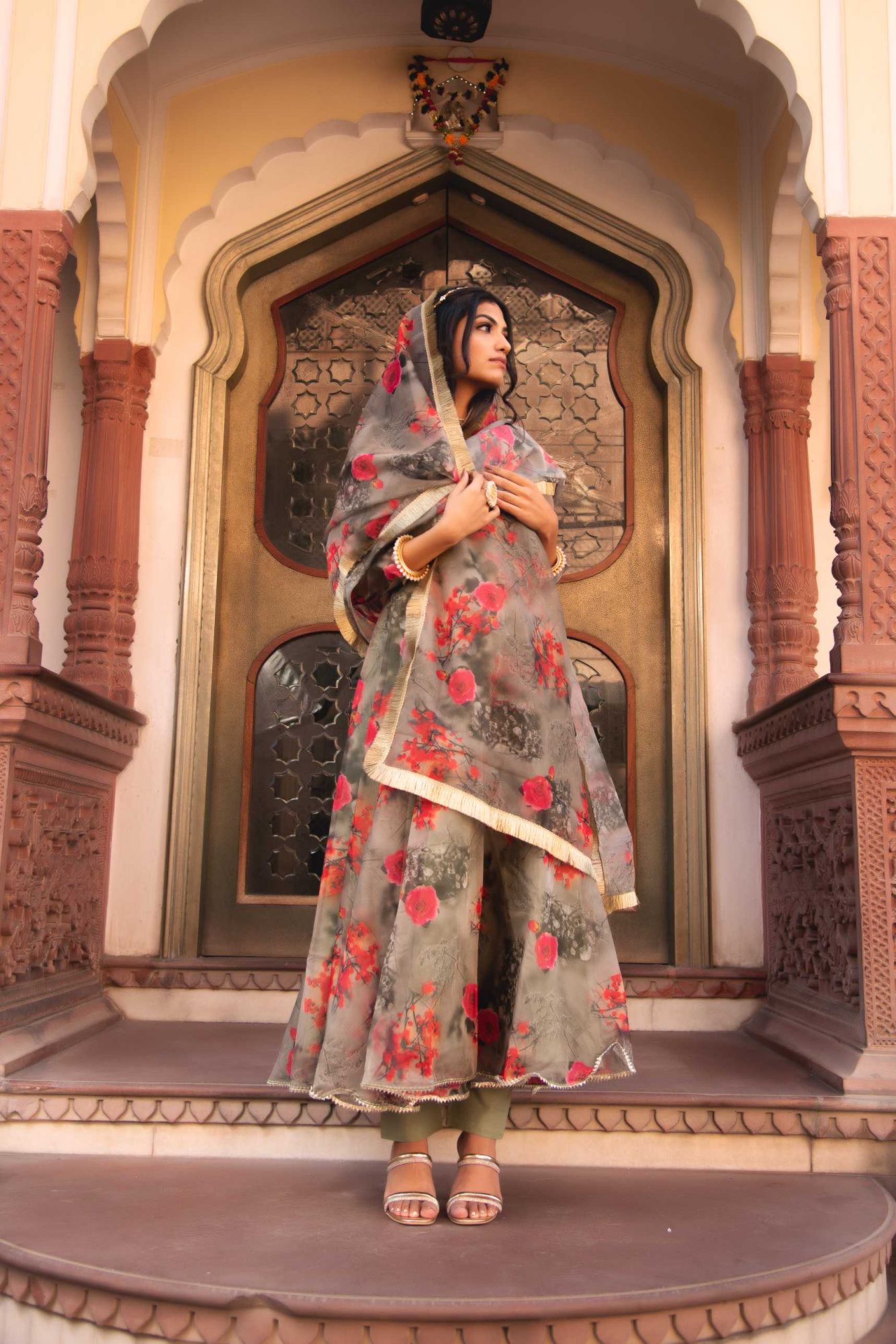 Fall Green Printed Gotapatti Organza Anarkali Suit Set