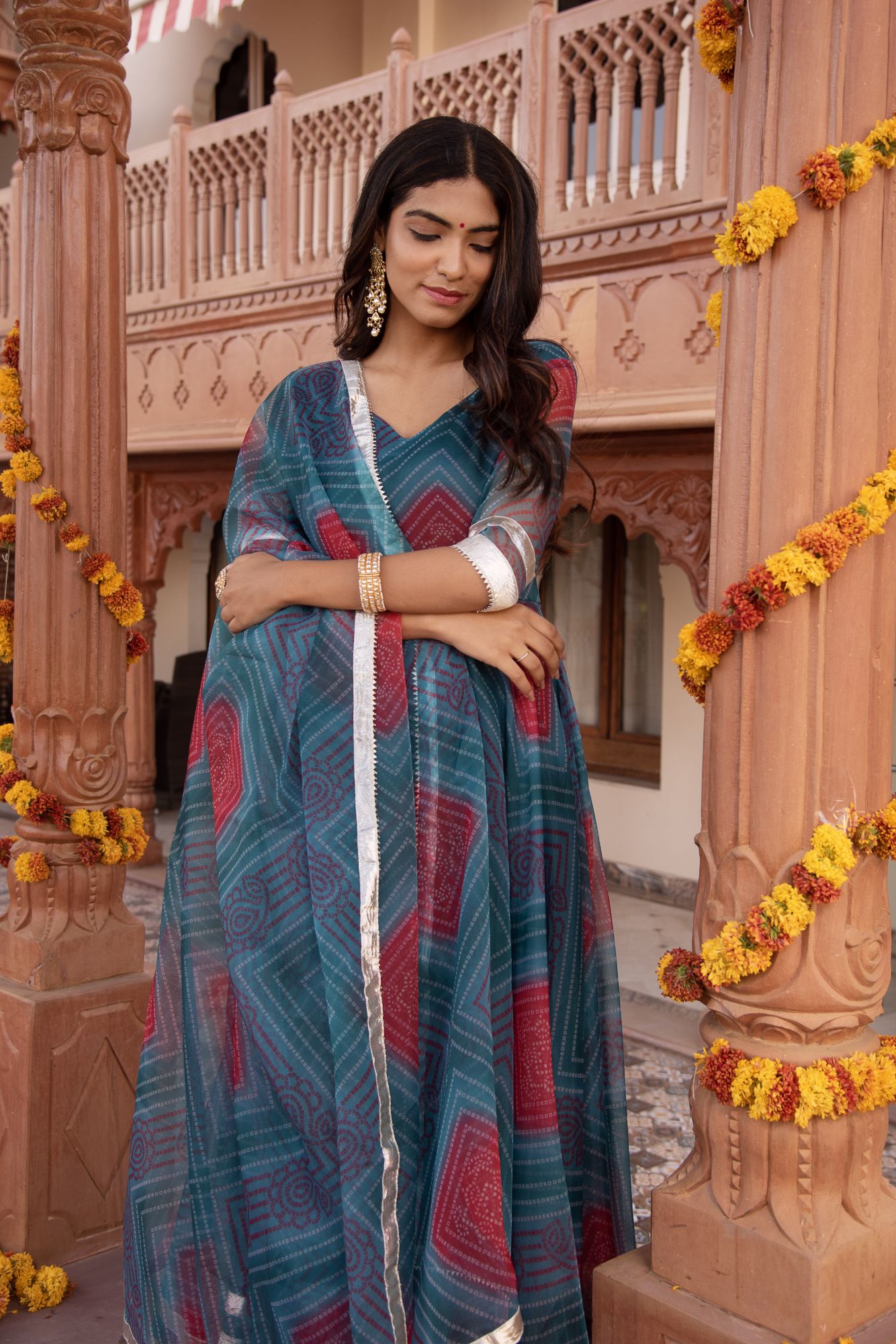 Turquoish Bhandhej Organza Gotapatti Anarkali Suit Set