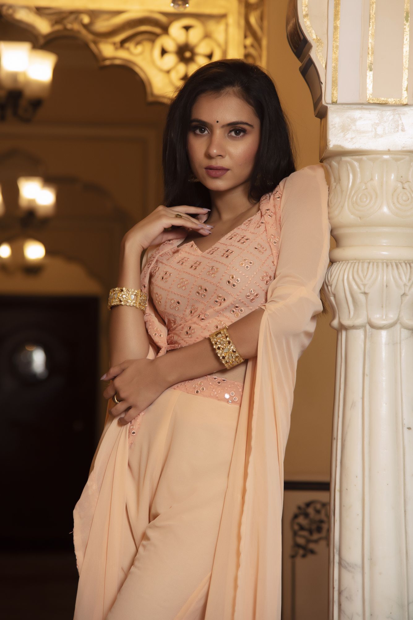 Peach Embroided Georgette Co-ord Set