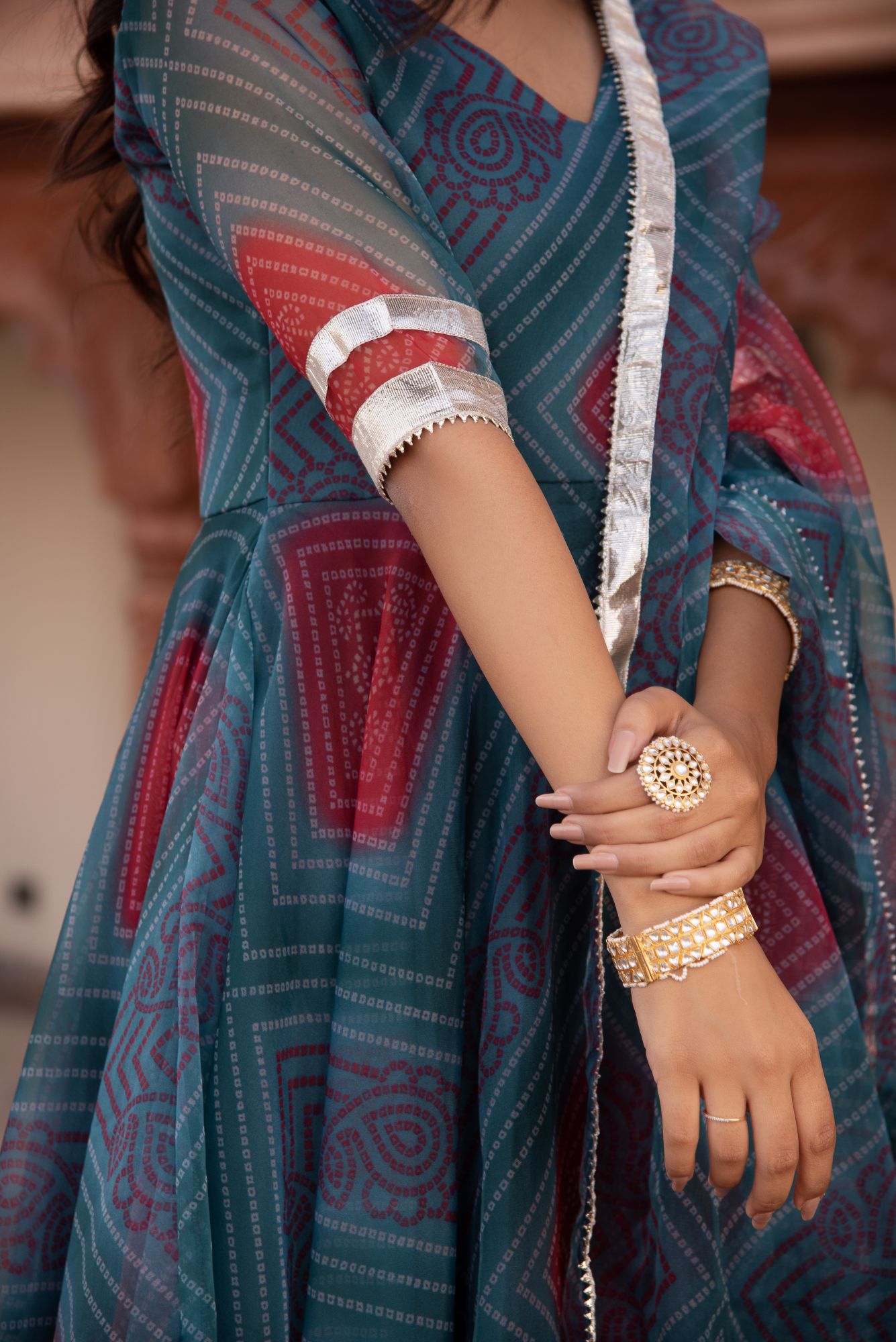 Turquoish Bhandhej Organza Gotapatti Anarkali Suit Set