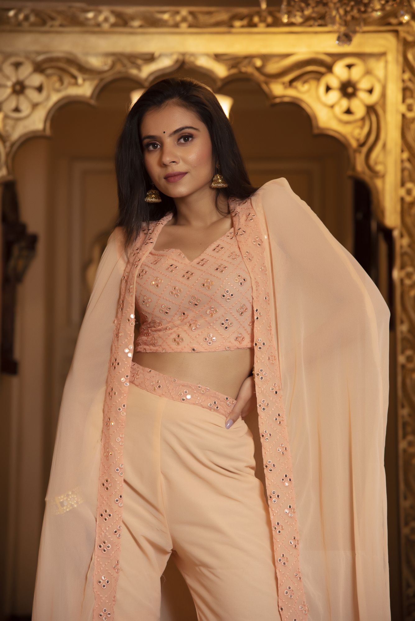 Peach Embroided Georgette Co-ord Set
