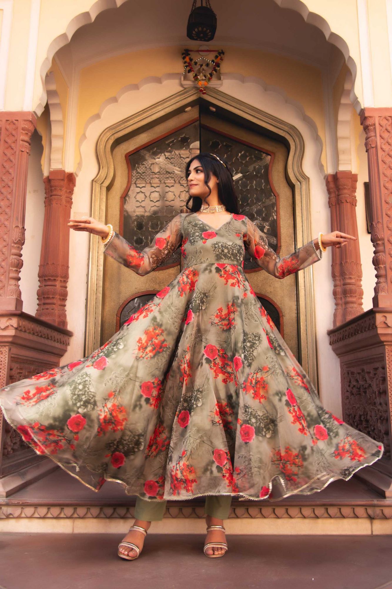 Fall Green Printed Gotapatti Organza Anarkali Suit Set