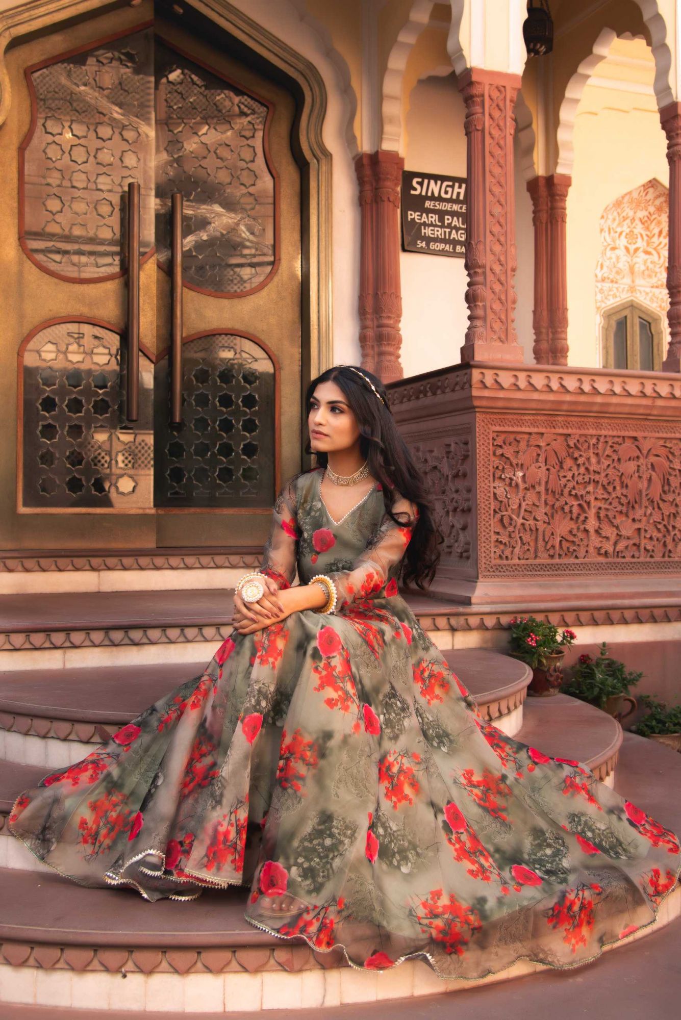 Fall Green Printed Gotapatti Organza Anarkali Suit Set