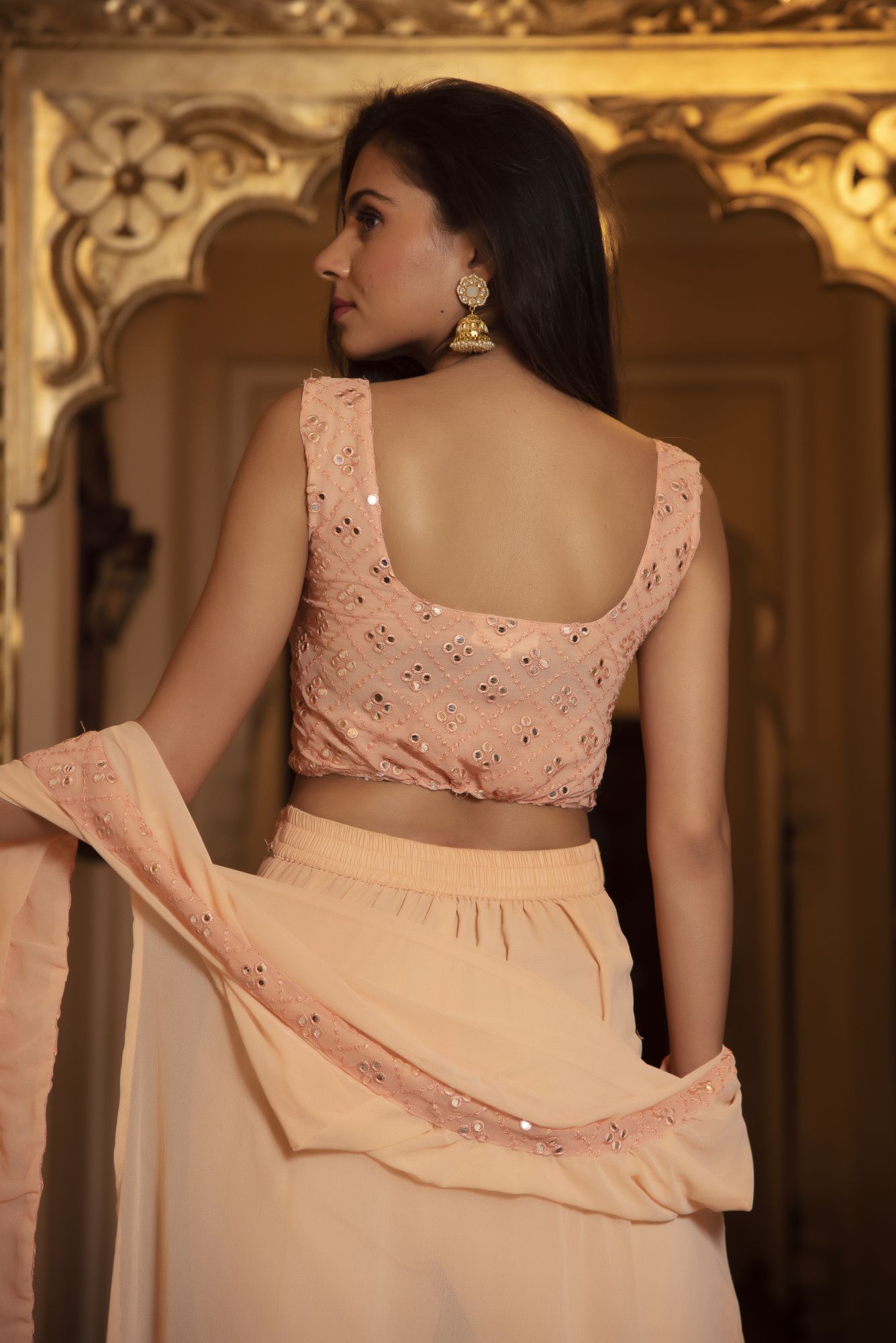 Peach Embroided Georgette Co-ord Set