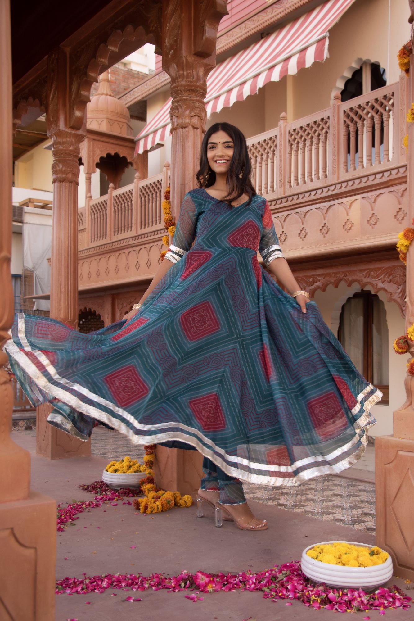 Turquoish Bhandhej Organza Gotapatti Anarkali Suit Set