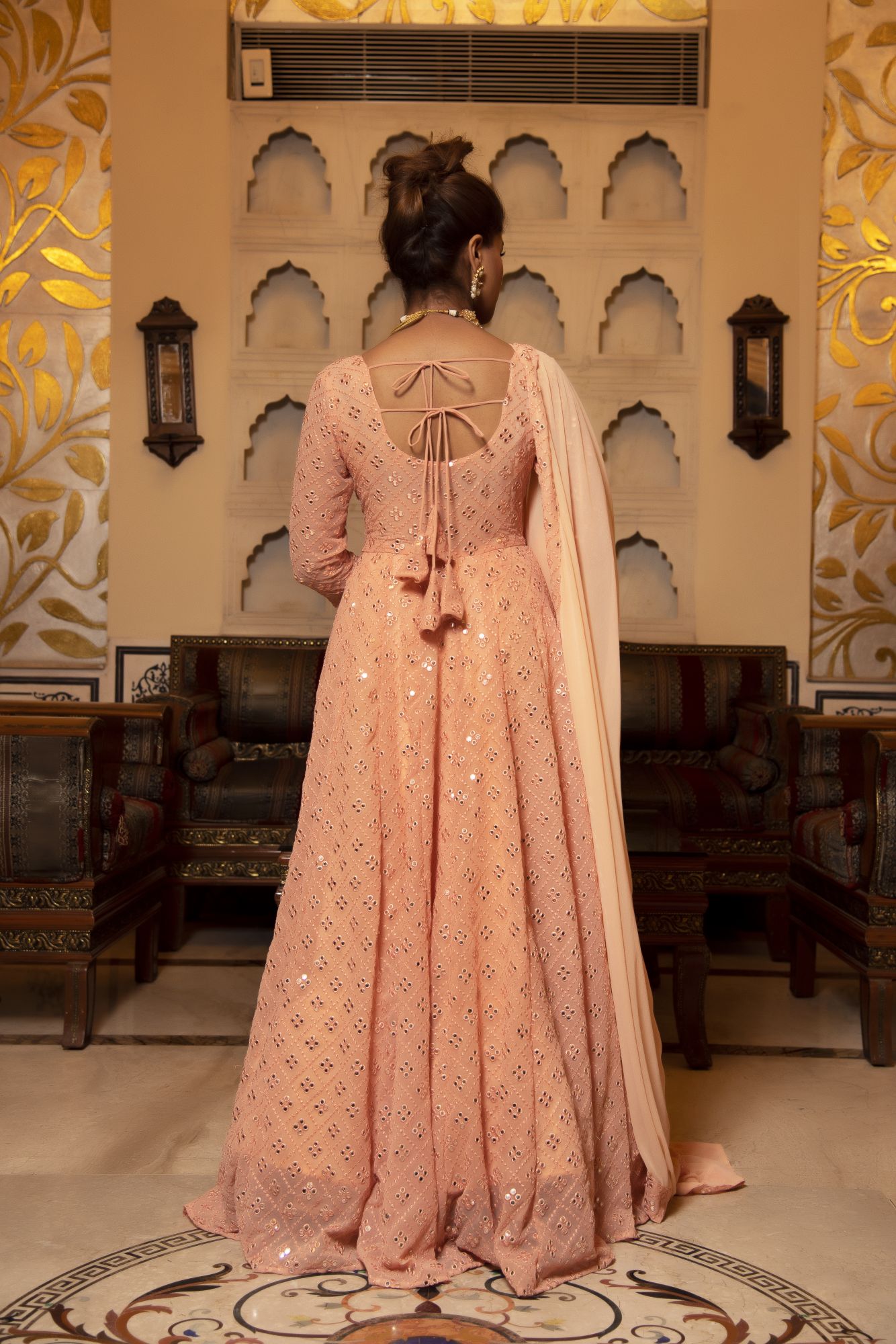 Peach Embroided Georgette Full Length Anarkali Gown Set