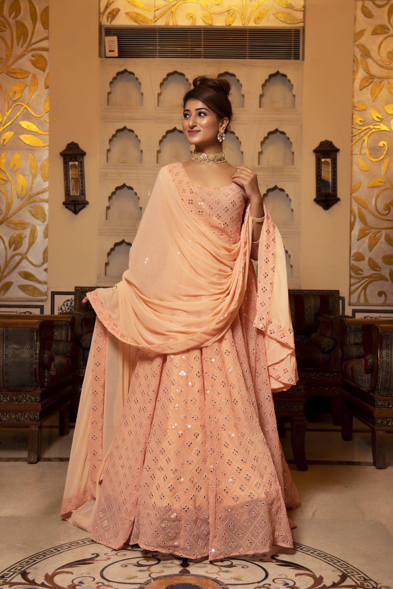 Peach Embroided Georgette Full Length Anarkali Gown Set