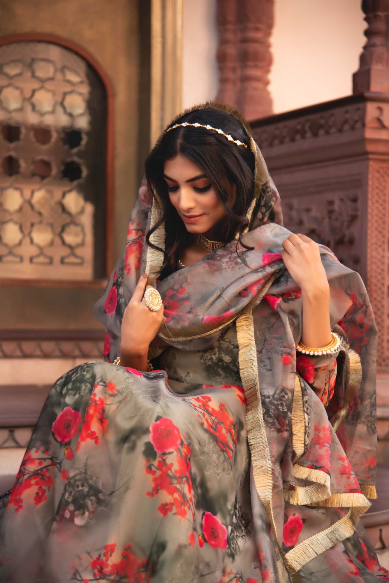 Fall Green Printed Gotapatti Organza Anarkali Suit Set