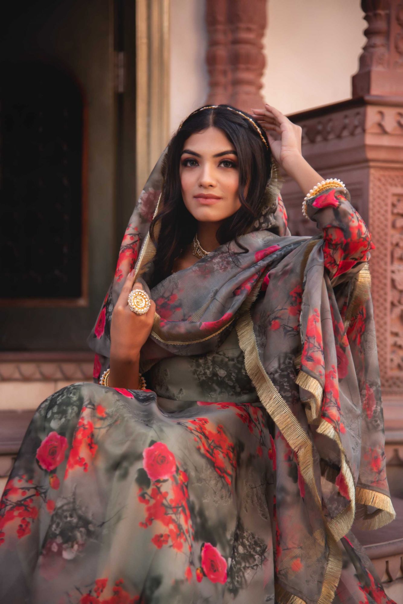 Fall Green Printed Gotapatti Organza Anarkali Suit Set