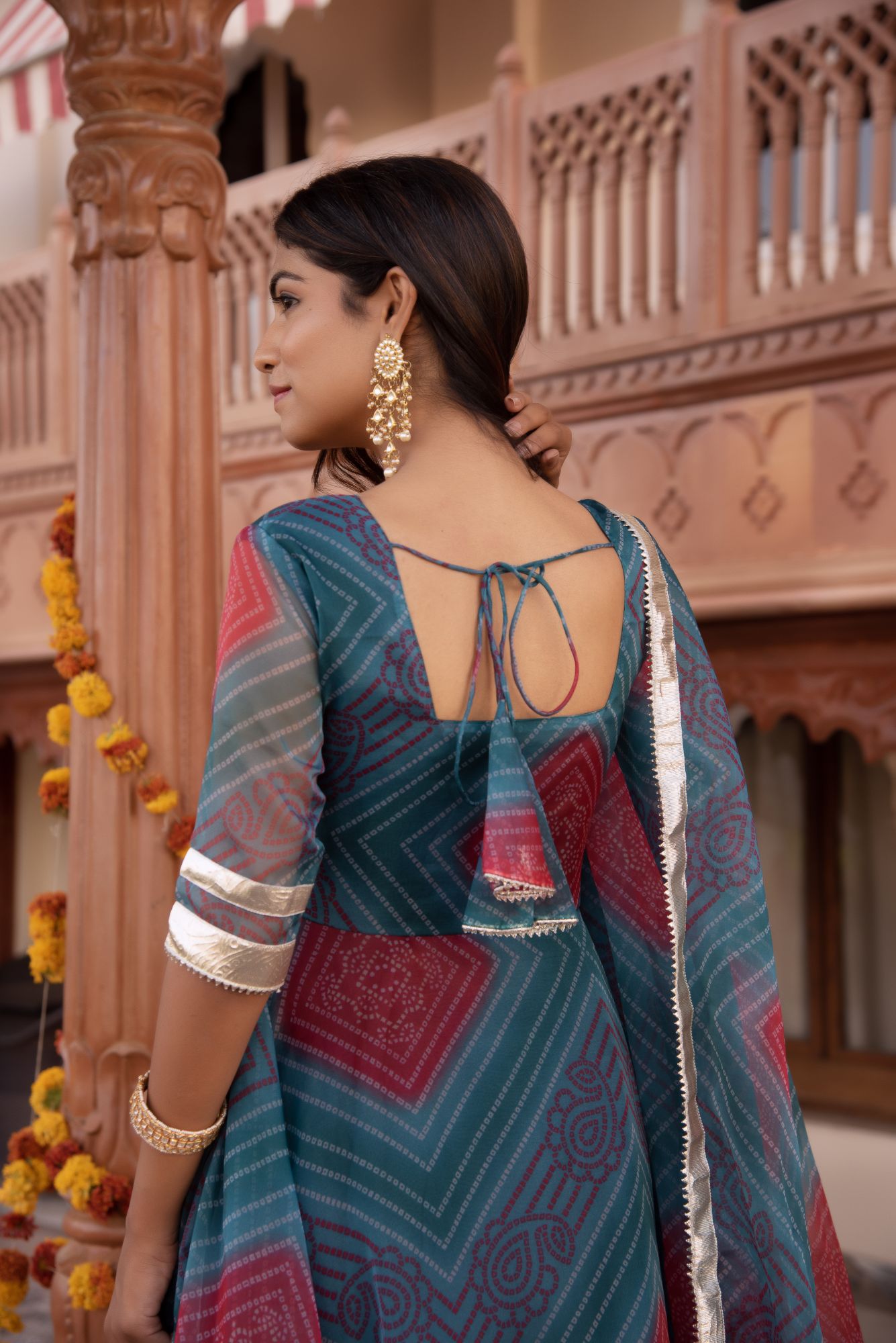 Turquoish Bhandhej Organza Gotapatti Anarkali Suit Set