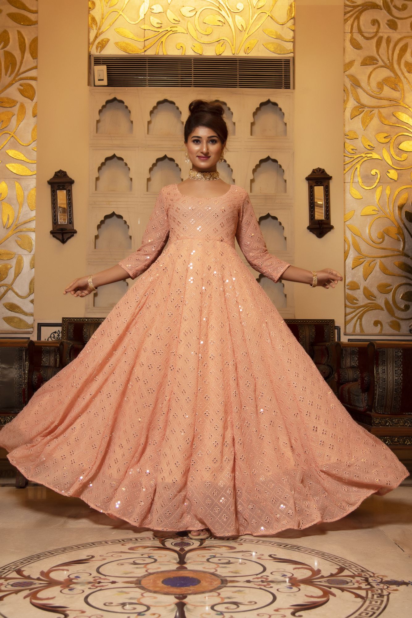 Peach Embroided Georgette Full Length Anarkali Gown Set