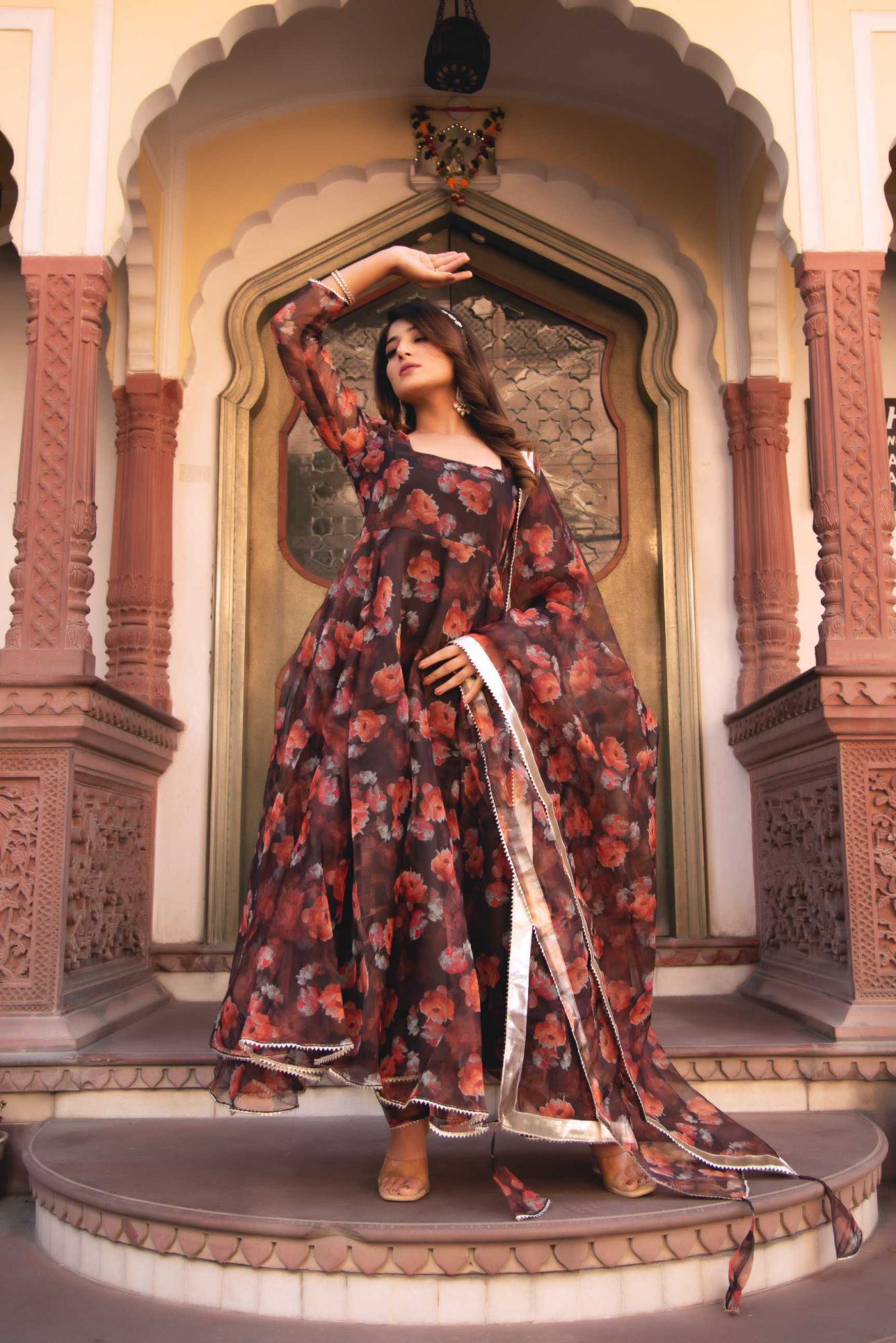 Mahogany Brown Gotapatti Organza Anarkali Suit Set