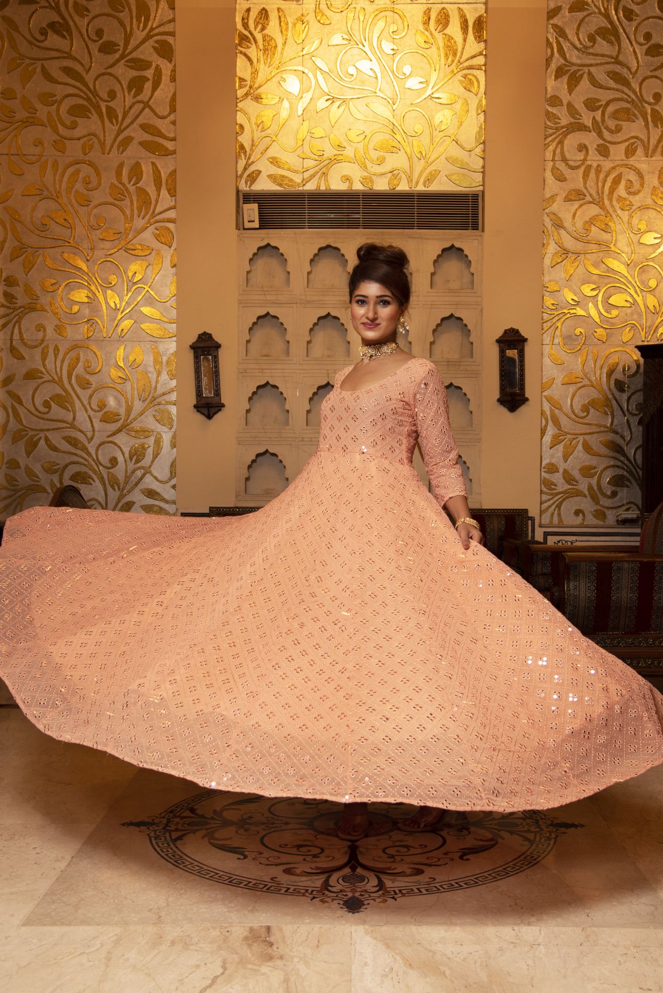 Peach Embroided Georgette Full Length Anarkali Gown Set