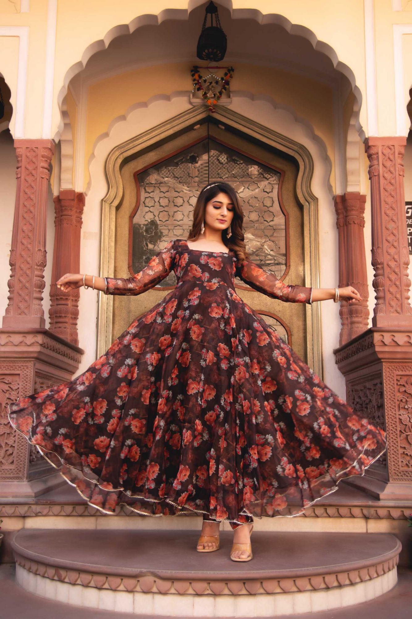 Mahogany Brown Gotapatti Organza Anarkali Suit Set