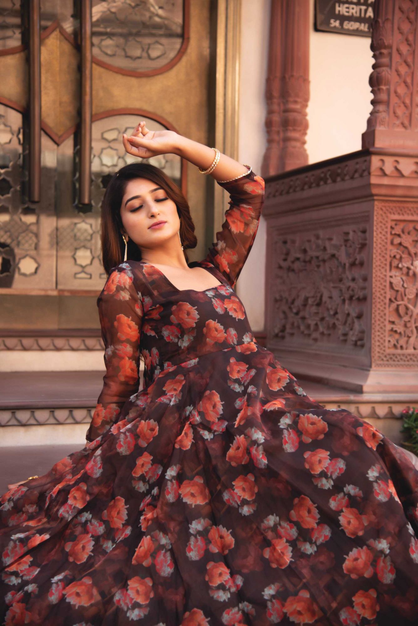 Mahogany Brown Gotapatti Organza Anarkali Suit Set