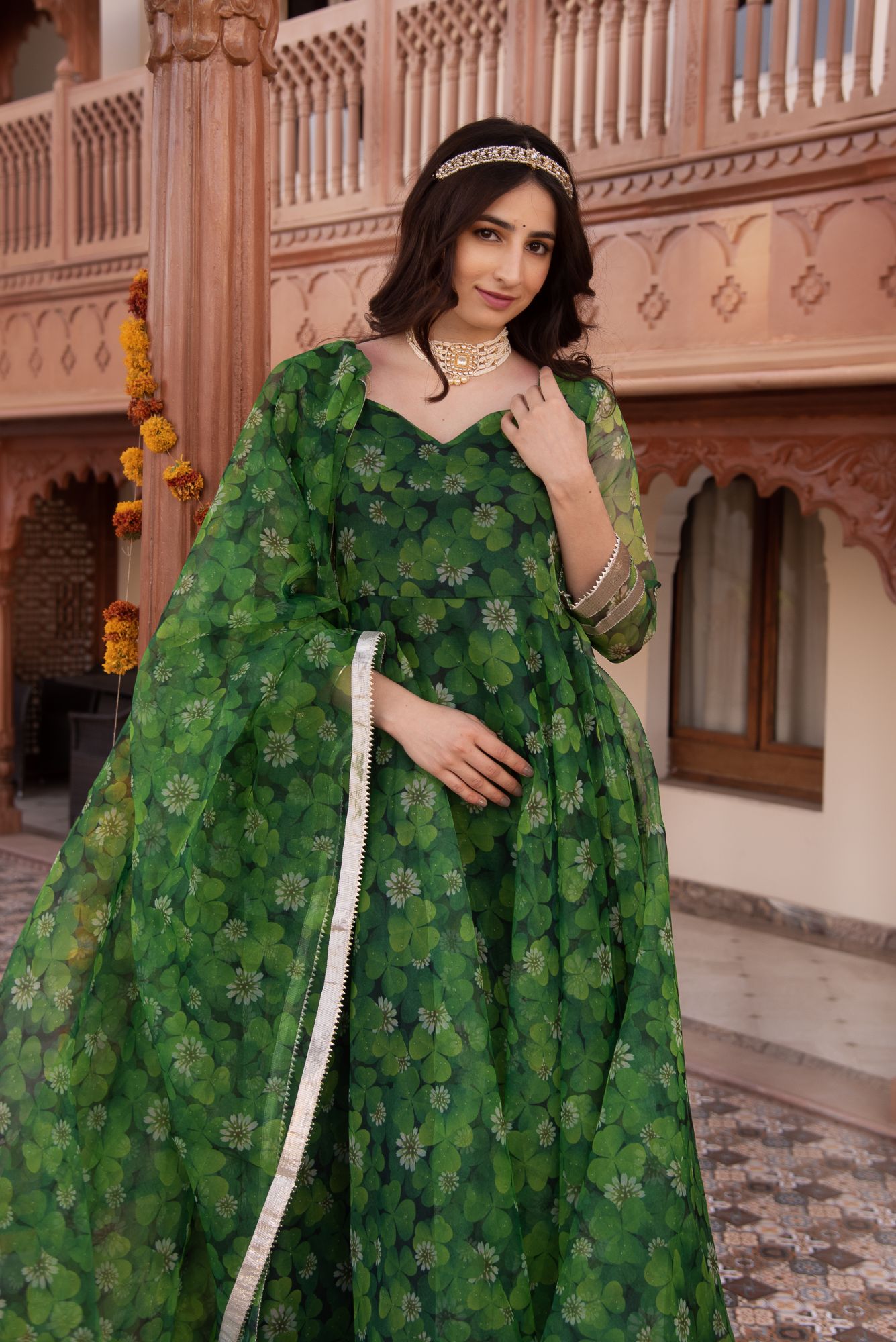 Spring Green Organza Gotapatti Anarkali Suit Set