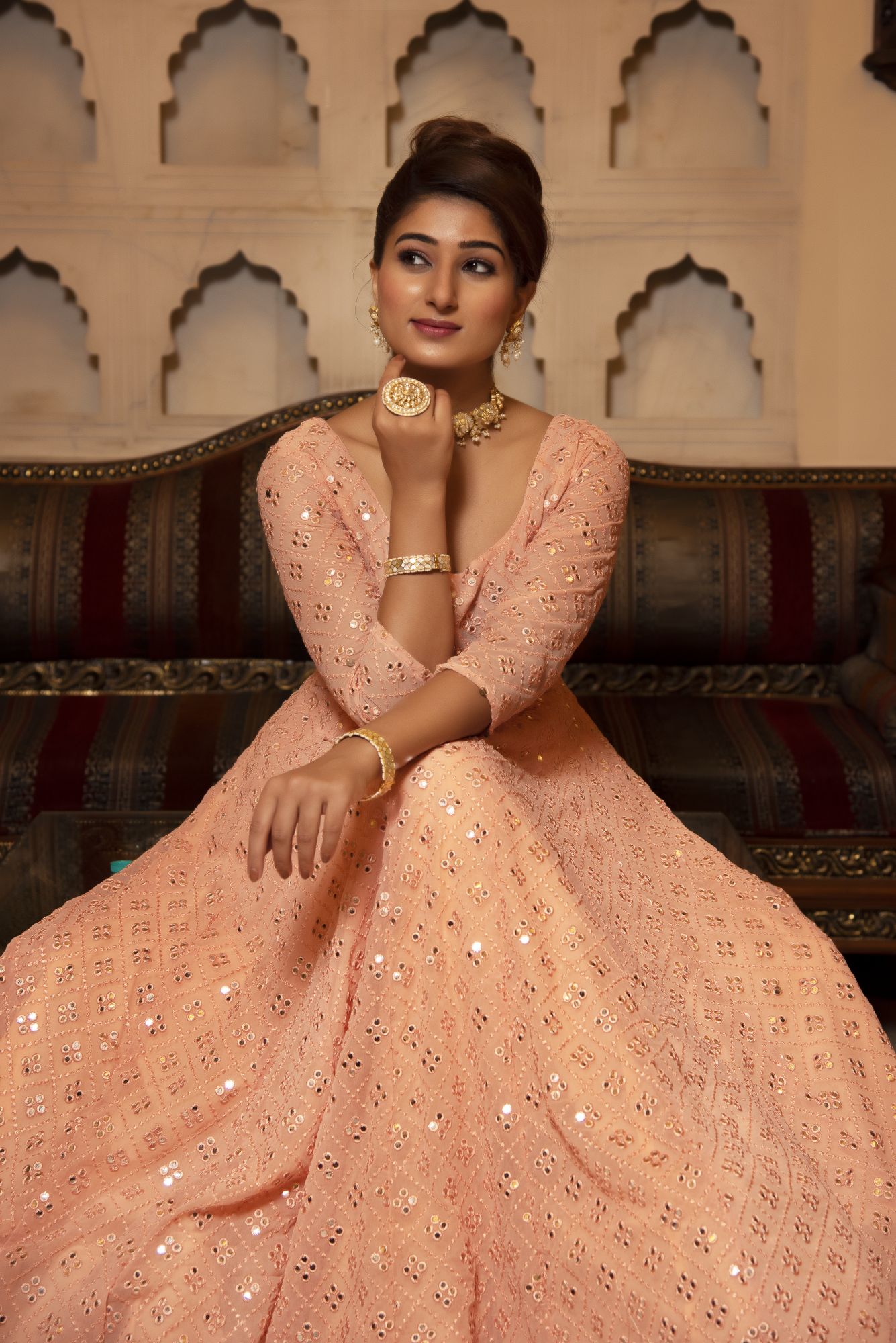 Peach Embroided Georgette Full Length Anarkali Gown Set