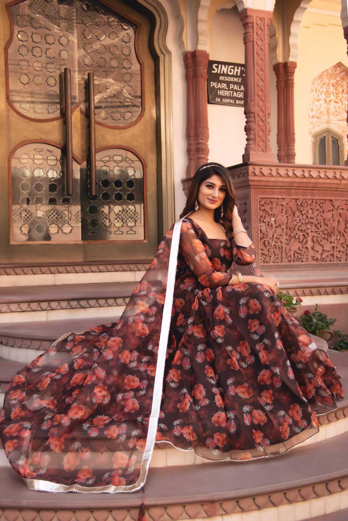 Mahogany Brown Gotapatti Organza Anarkali Suit Set