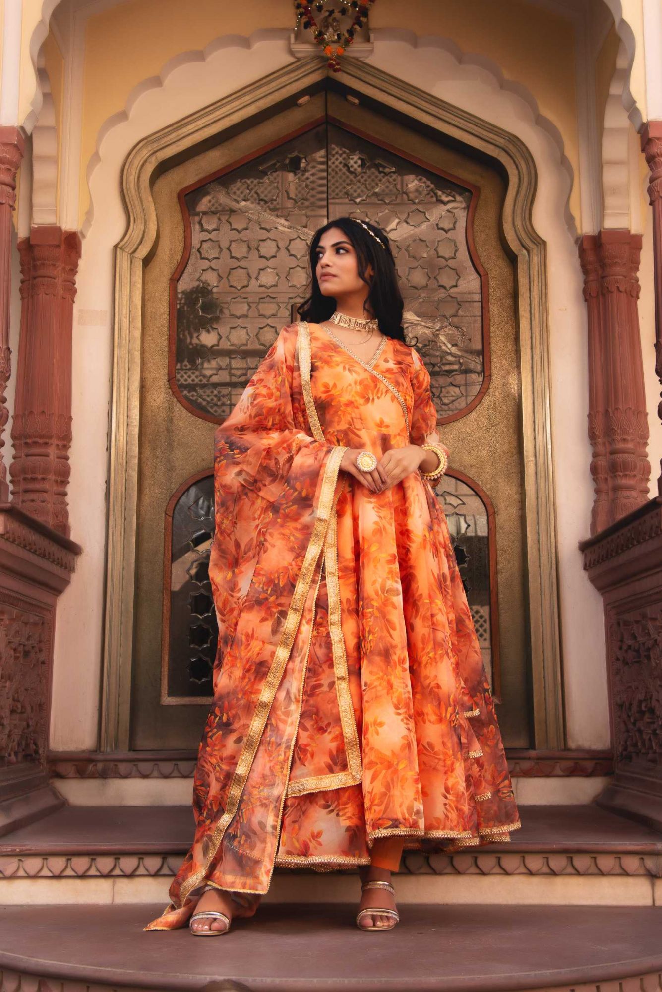 Saffron Orange Gotapatti Organza Anarkali Suit Set