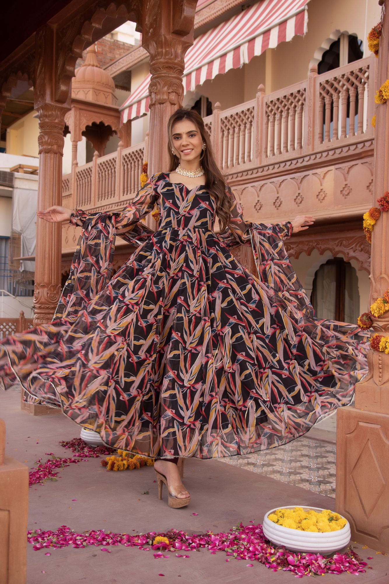 Black And Gold Organza Anarkali Suit Set