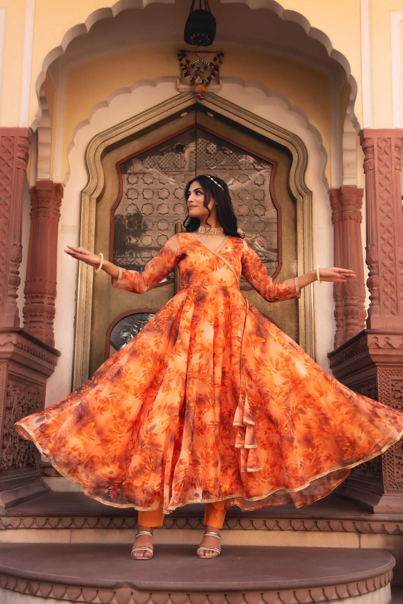 Saffron Orange Gotapatti Organza Anarkali Suit Set