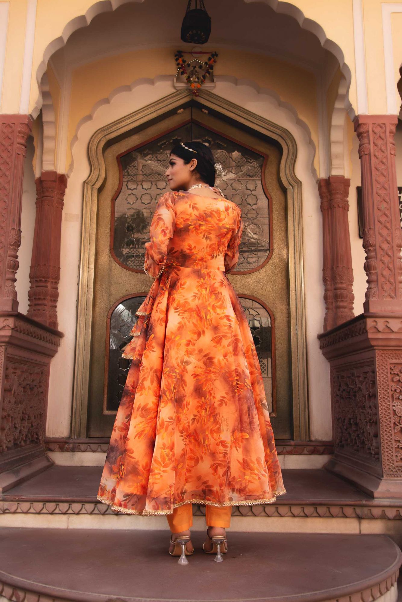 Saffron Orange Gotapatti Organza Anarkali Suit Set