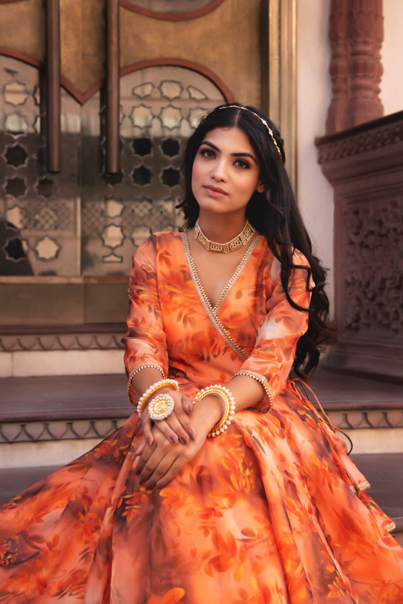 Saffron Orange Gotapatti Organza Anarkali Suit Set