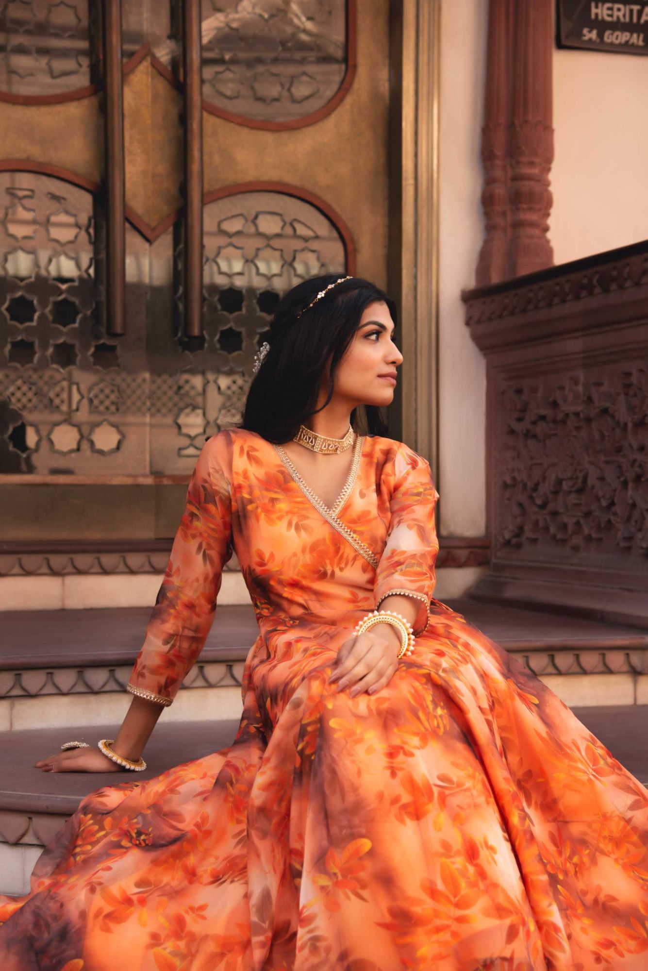 Saffron Orange Gotapatti Organza Anarkali Suit Set