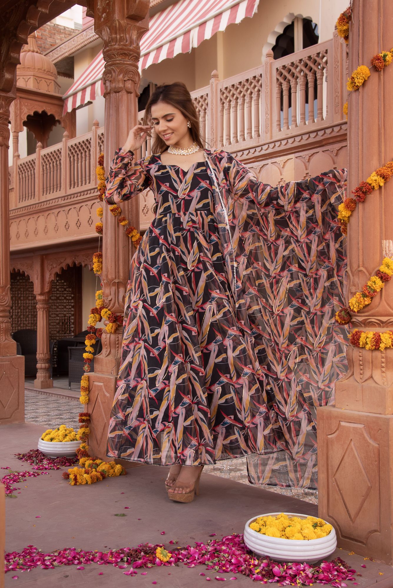 Black And Gold Organza Anarkali Suit Set