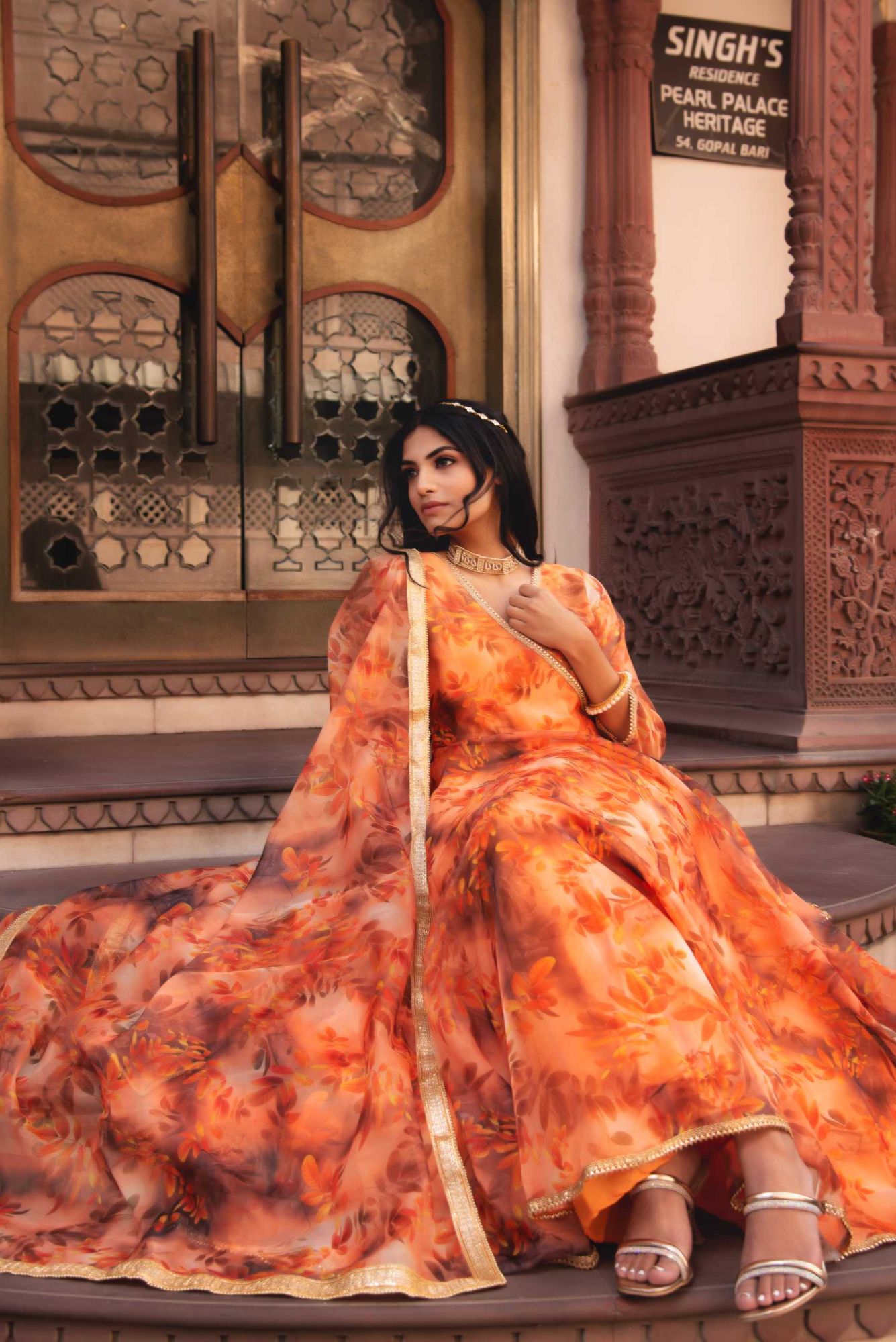 Saffron Orange Gotapatti Organza Anarkali Suit Set