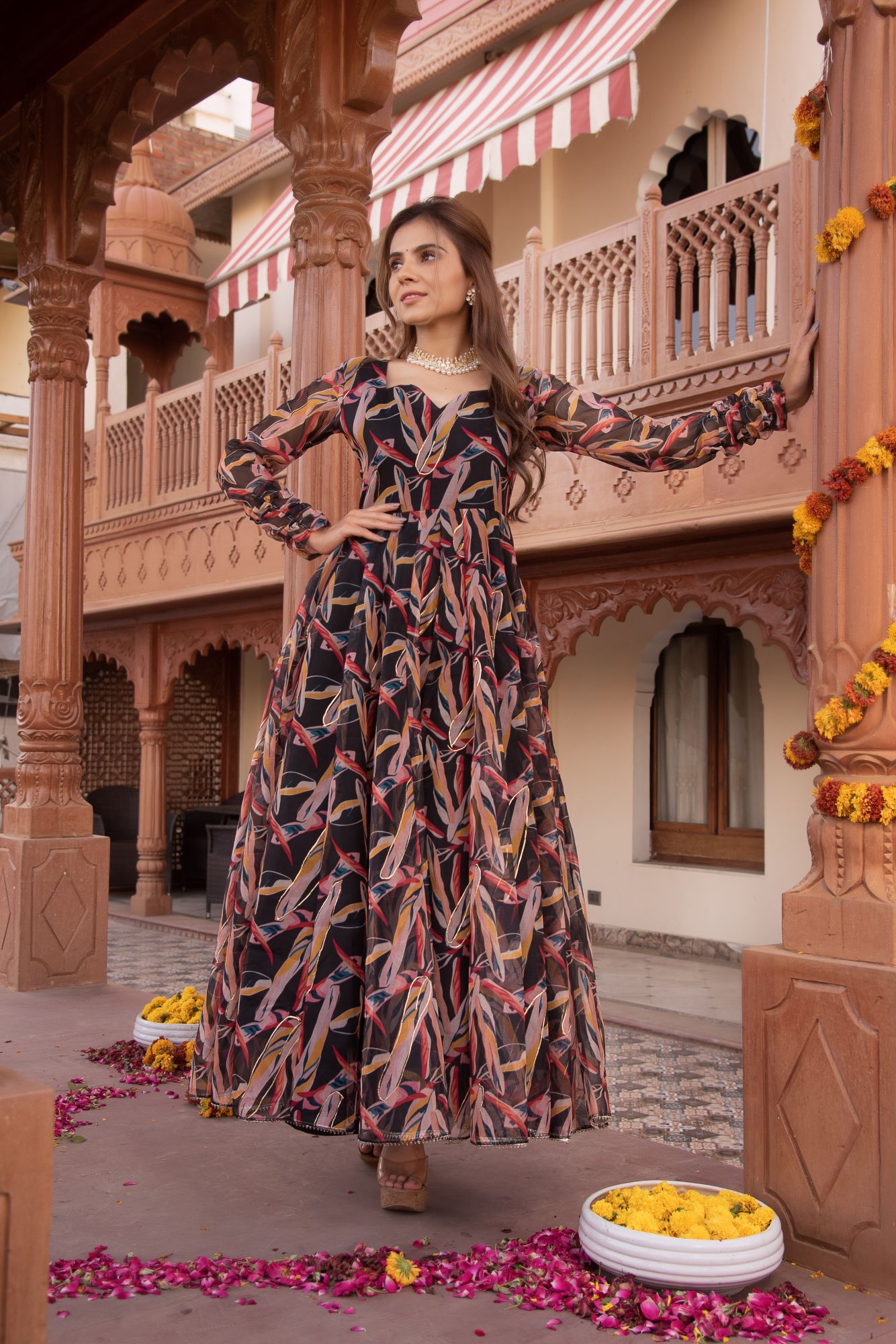 Black And Gold Organza Anarkali Suit Set