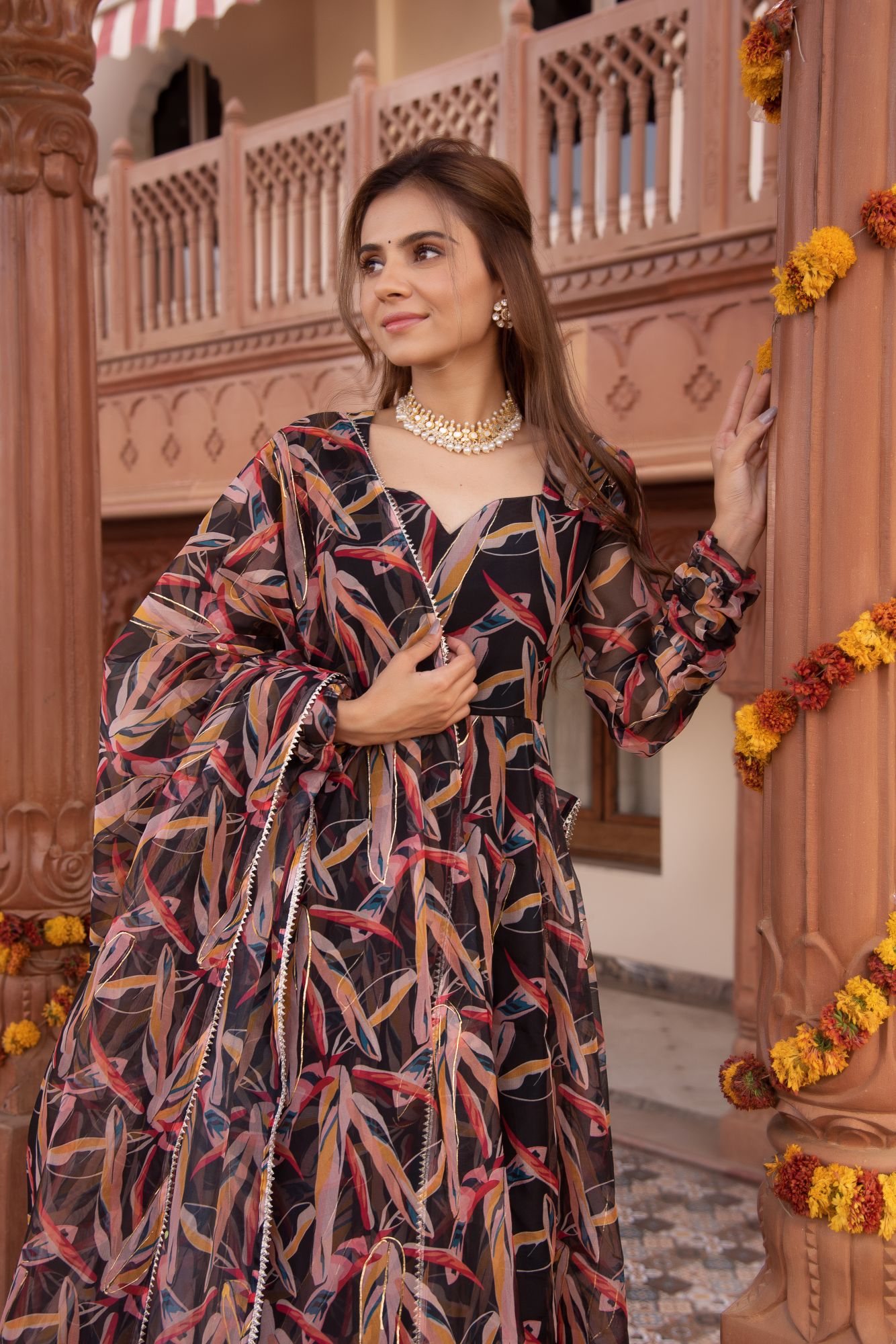 Black And Gold Organza Anarkali Suit Set