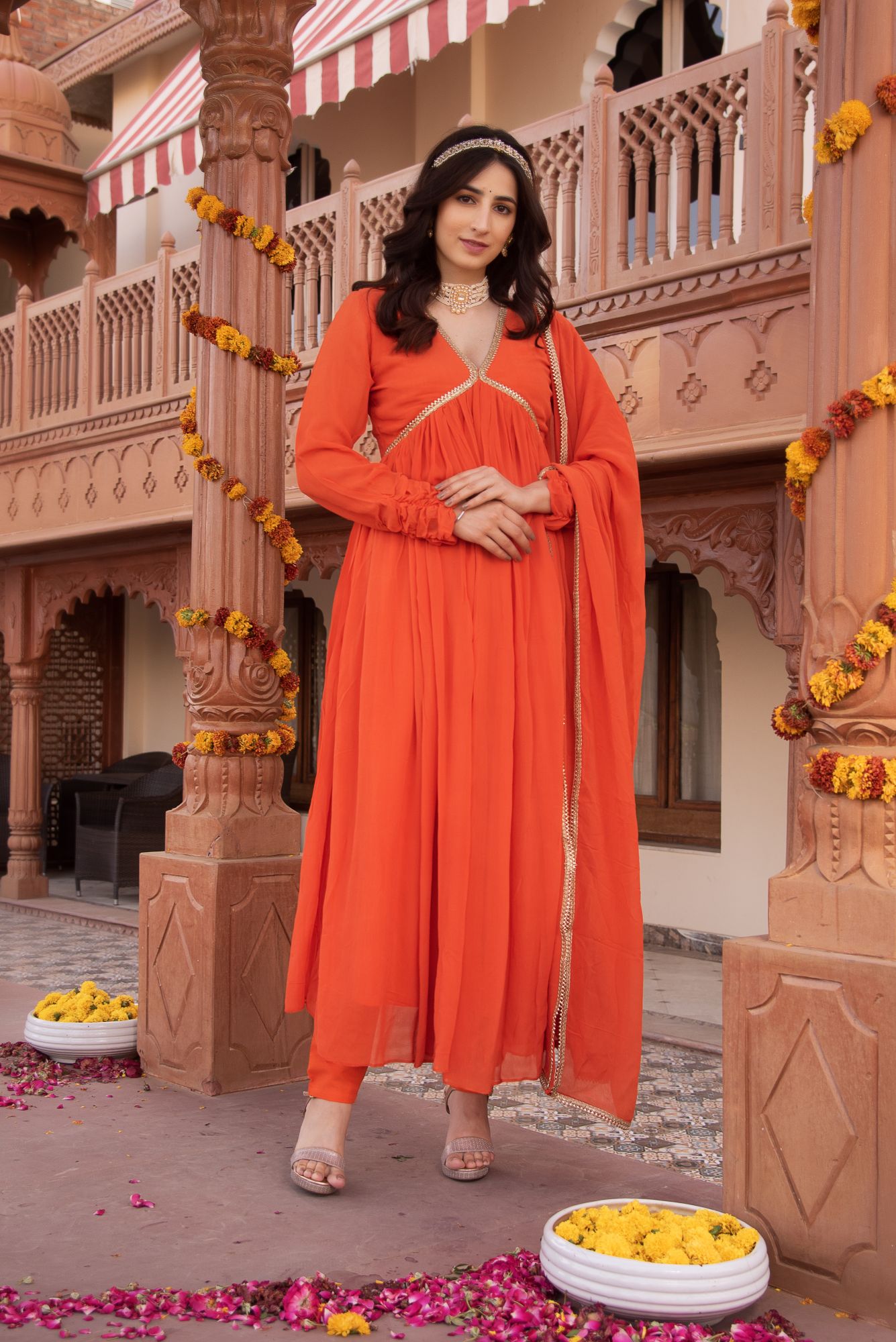 Orange Georgette Gotapatti Anarkali Suit Set