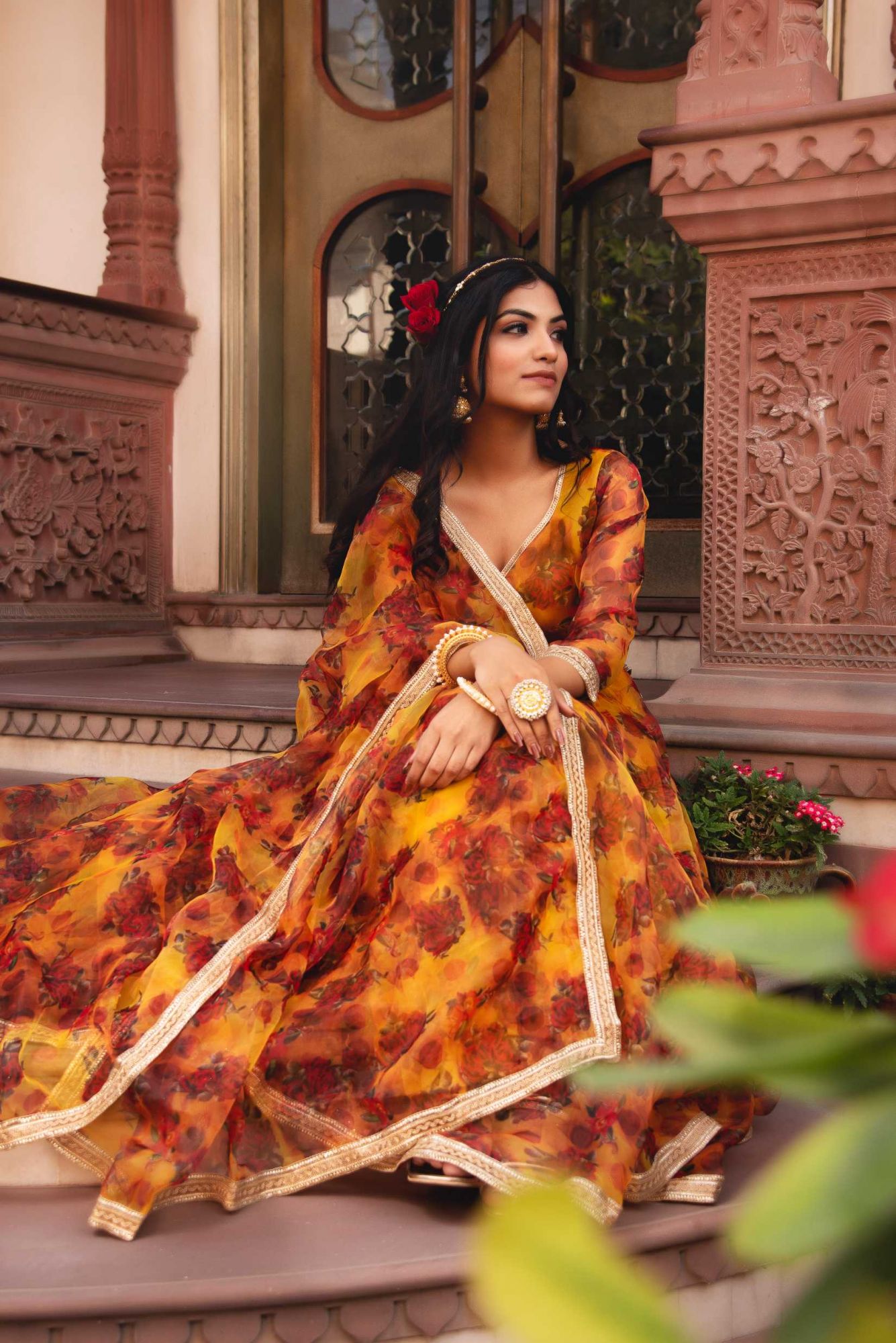 Saiba Marbled Yellow Gotapatti Organza Anarkali Suit Set