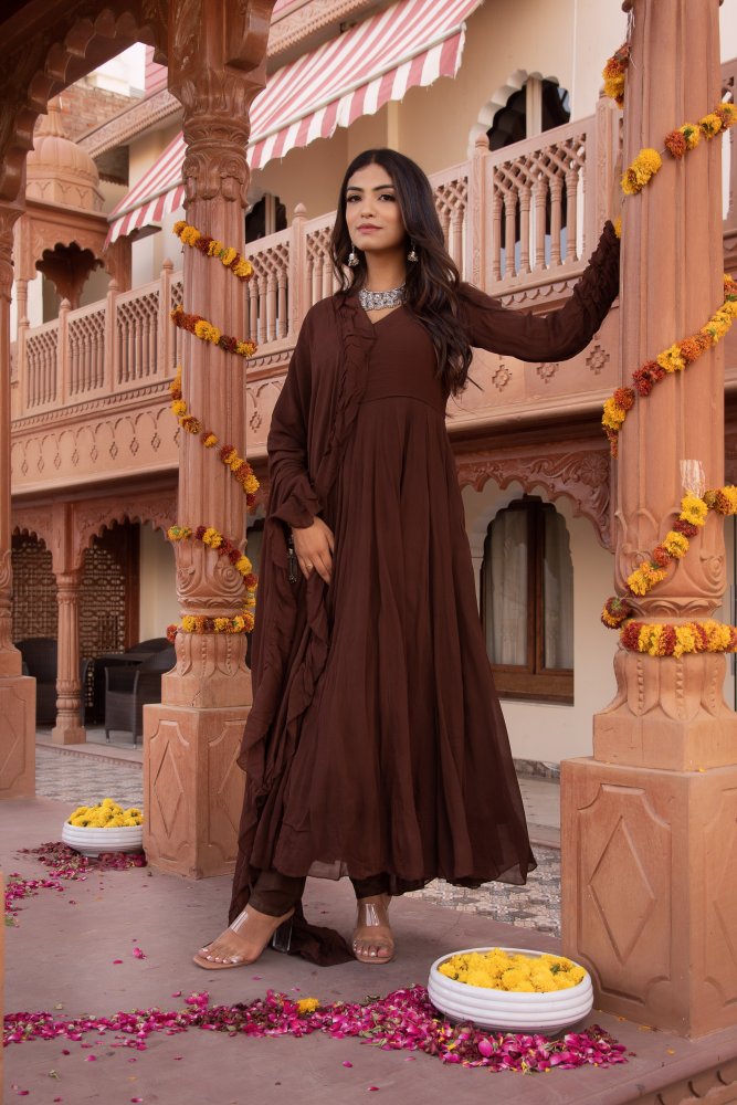 anarkali dress brown Copper Brown Organza Silk Anarkali Gown with Gold Embroidery Dupatta Indian Wedding Party Wear Dress