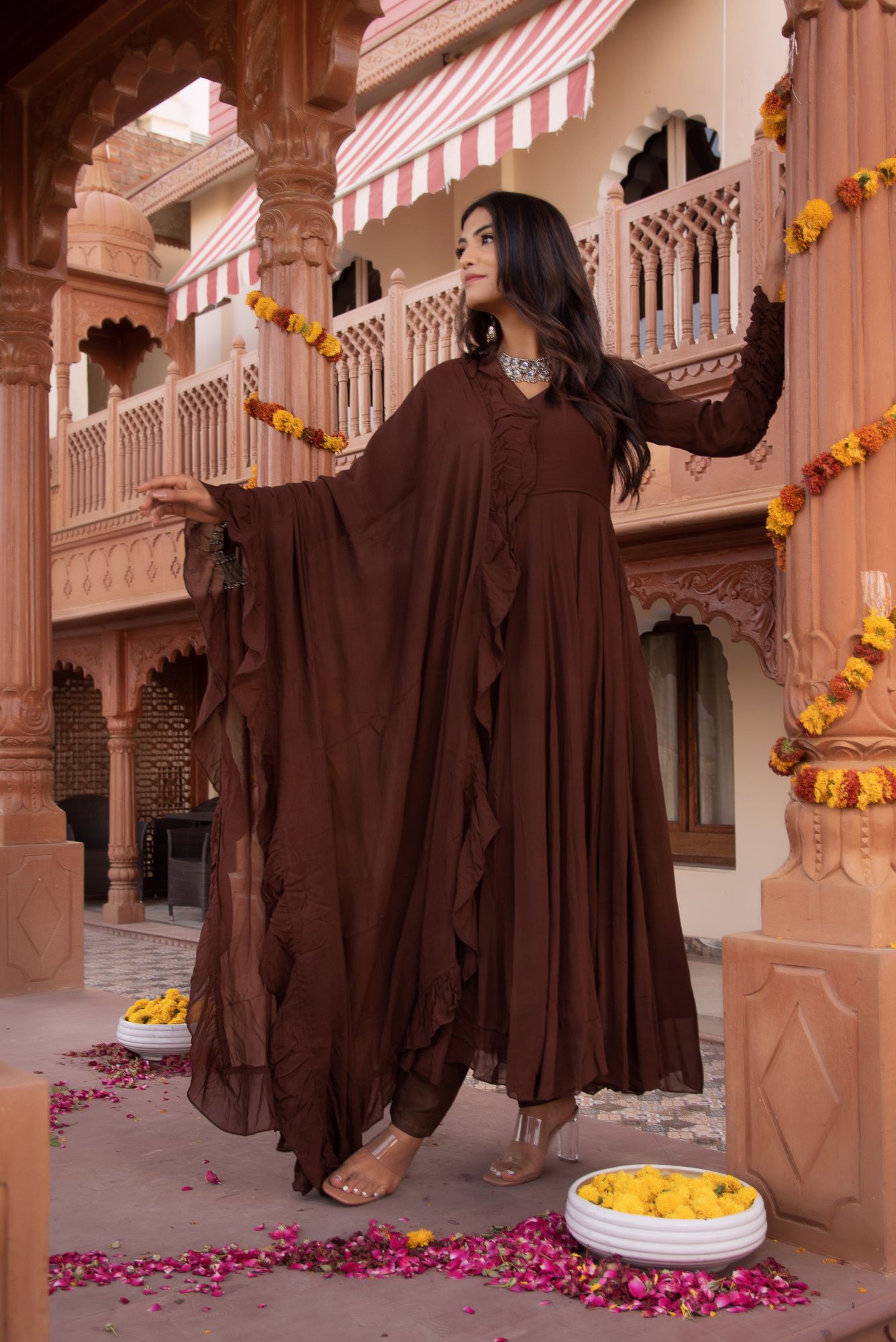 Brown Georgette Anarkali Suit Set