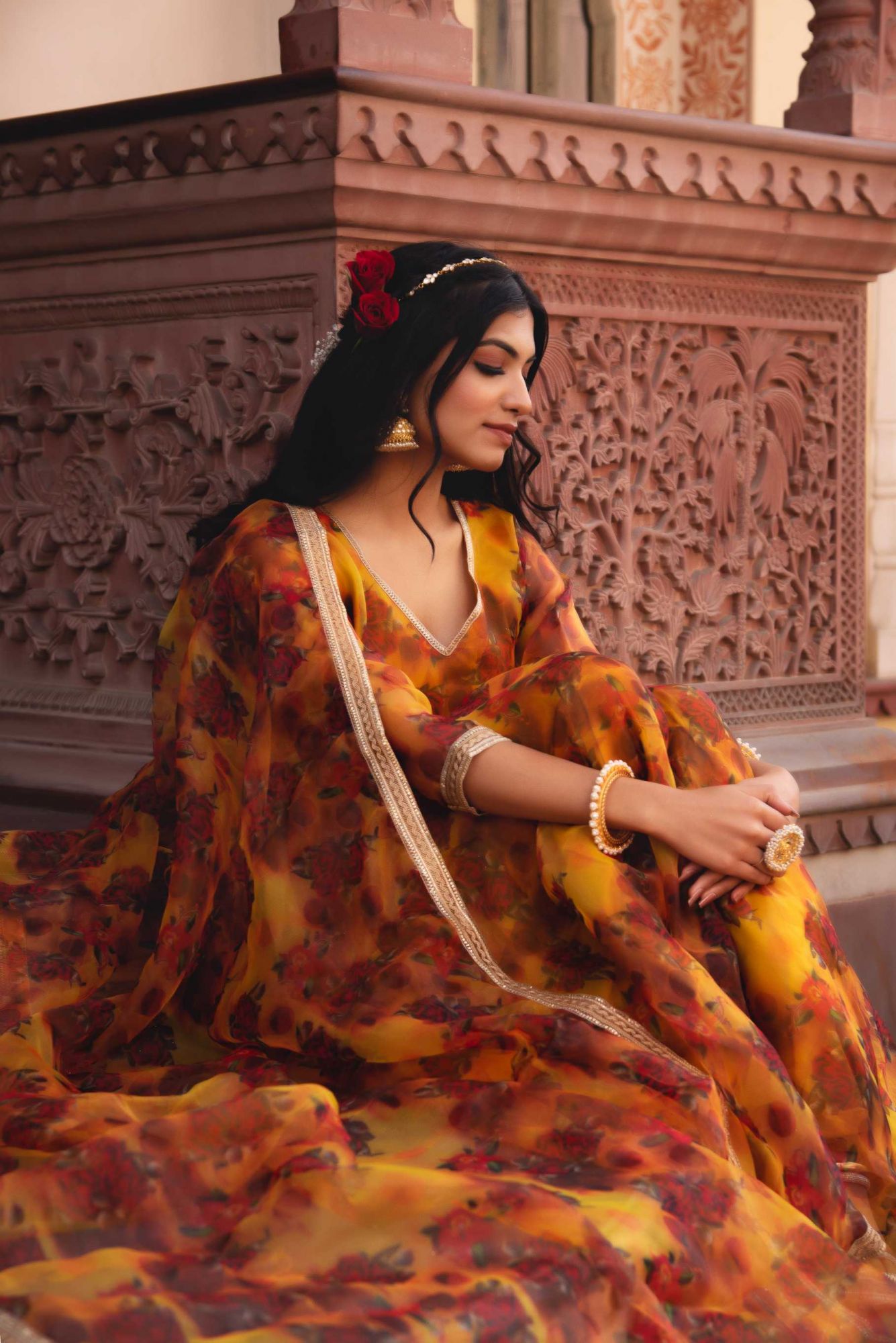 Saiba Marbled Yellow Gotapatti Organza Anarkali Suit Set