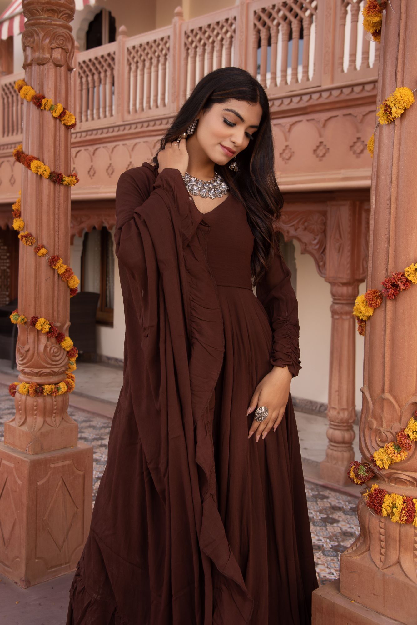 Brown Georgette Anarkali Suit Set