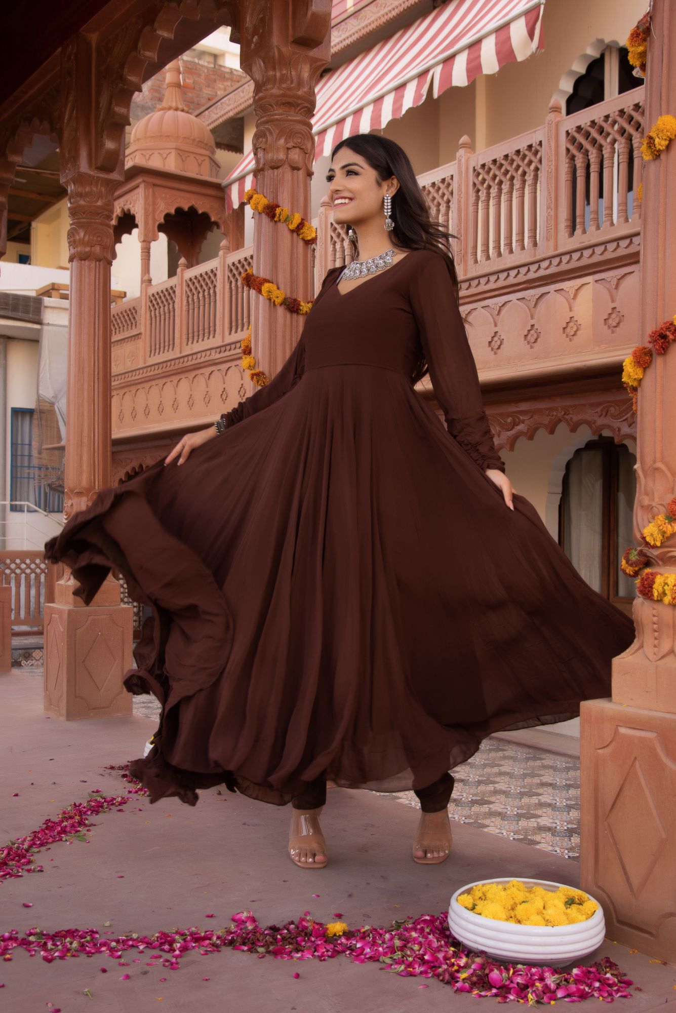 Brown Georgette Anarkali Suit Set