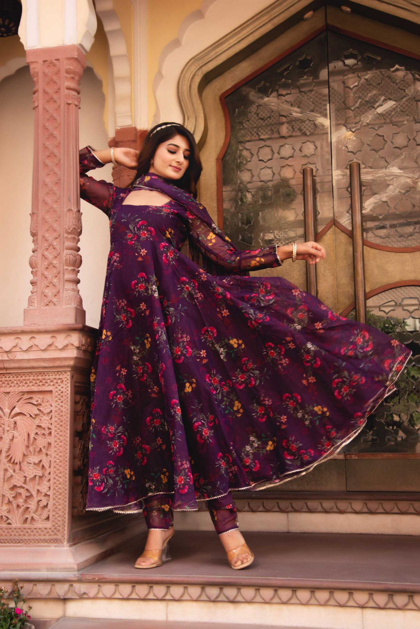 Plum Purple Gotapatti Organza Anarkali Suit Set