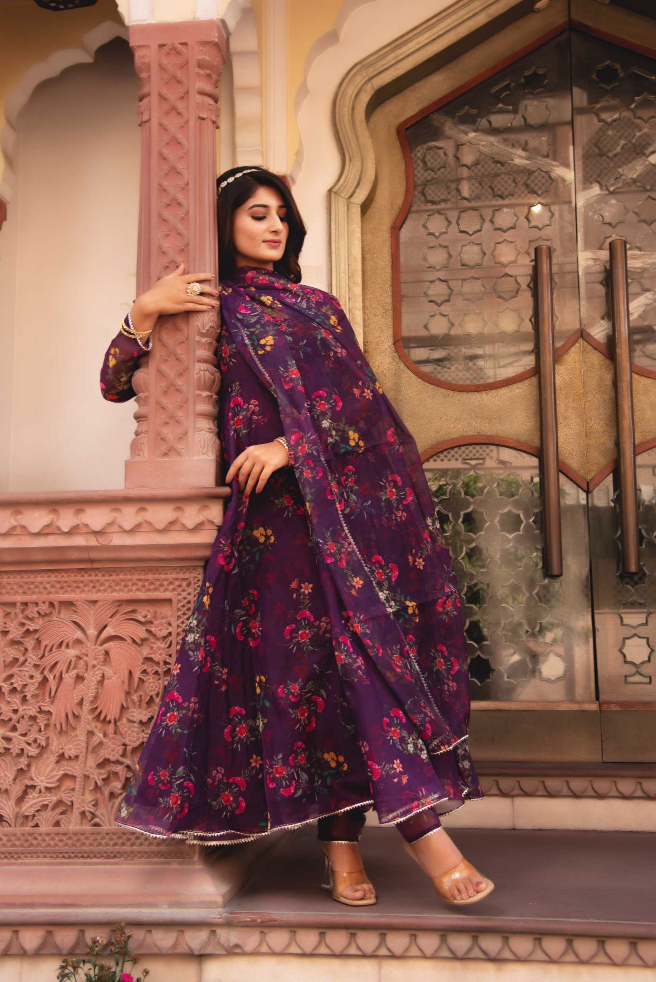 Plum Purple Gotapatti Organza Anarkali Suit Set